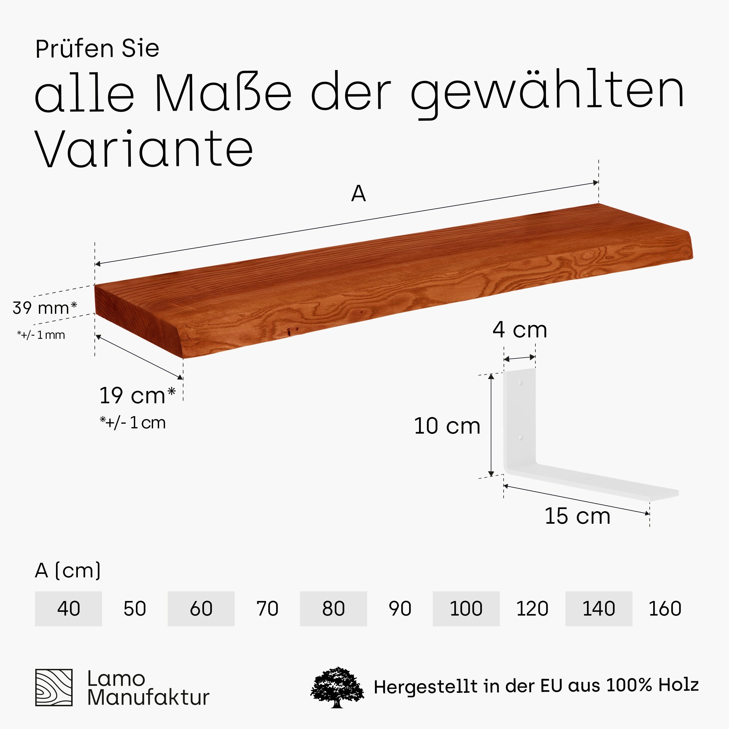 LAMO Manufaktur Wandregal 40mm Komplett-Set, Massivholzplatte Dunkel stake Basic