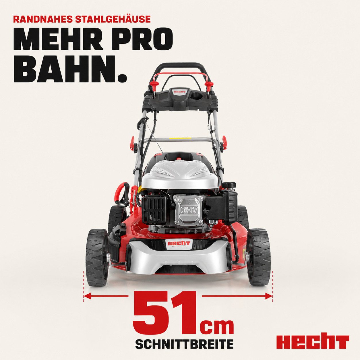 Hecht Benzinrasenmäher mit Antrieb Elektrostart 5in1 Funktion, 4Gänge, bis 4,5km/h, 51 cm Schnittbreite, 4,4 kW / 6 PS, Mulchkit, Seitenauswurf, Zerkleinern