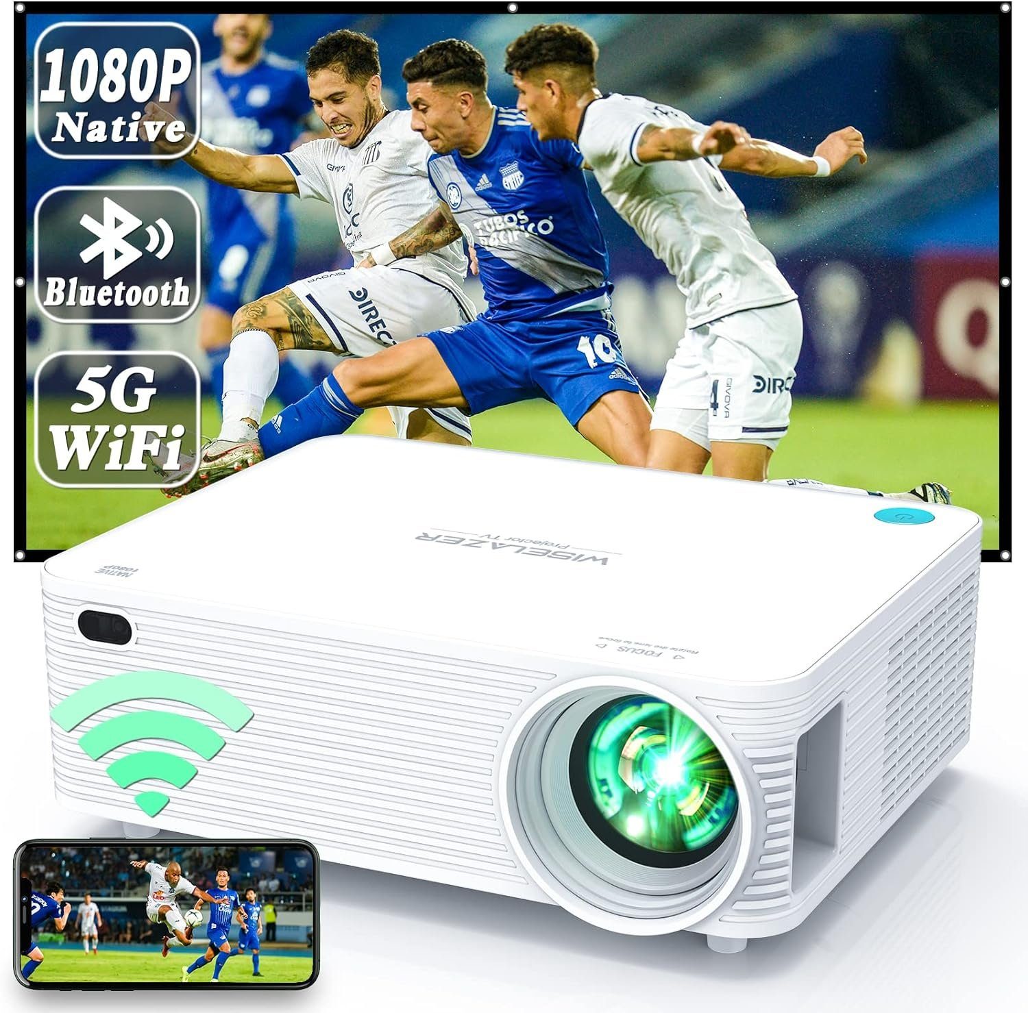 WISELAZER Portabler Projektor (3840 x 2160 px, Full HD Heimkino Beamer 1080P 5G WiFi, Bluetooth, HDMI/USB, TV Box PC)
