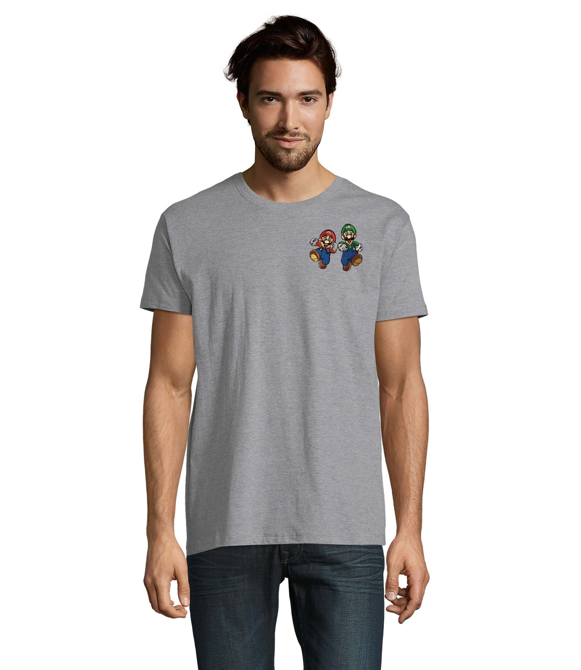Blondie & Brownie T-Shirt Herren Mario & Luigi Brust Stick Peach Konsole Nintendo Gaming bestickt Grau