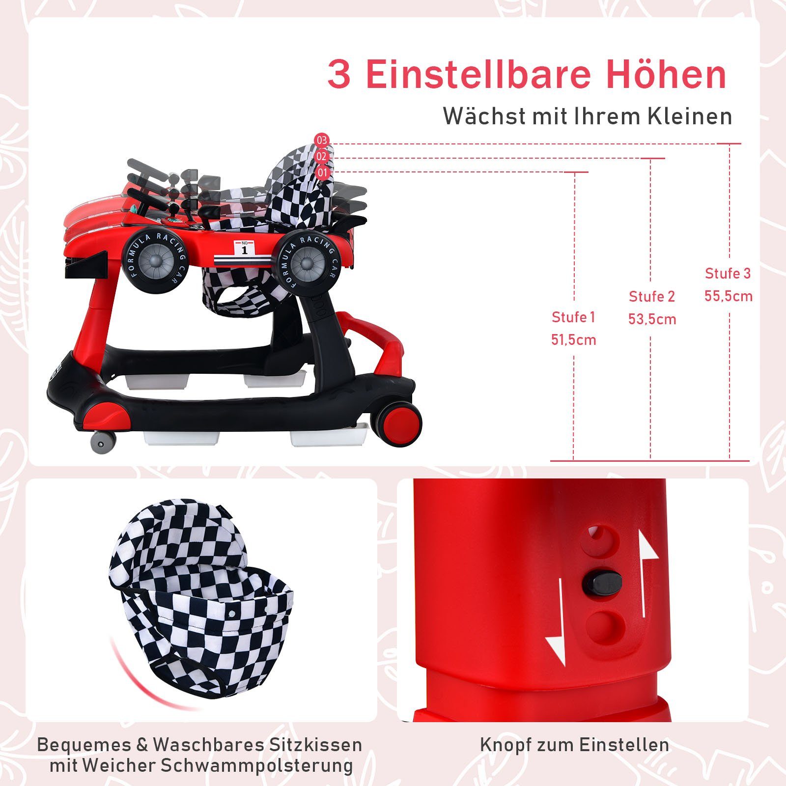 COSTWAY Lauflernhilfe 4 in 1 Lauflernwagen, mit Musik, Licht, ab 6 Monaten