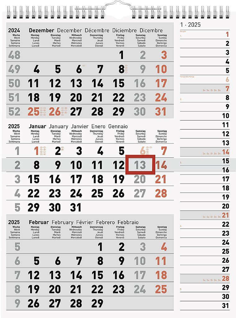 RIDO Monatskalender 2025 Rido DreiMonatskalender Kombi 30x39cm