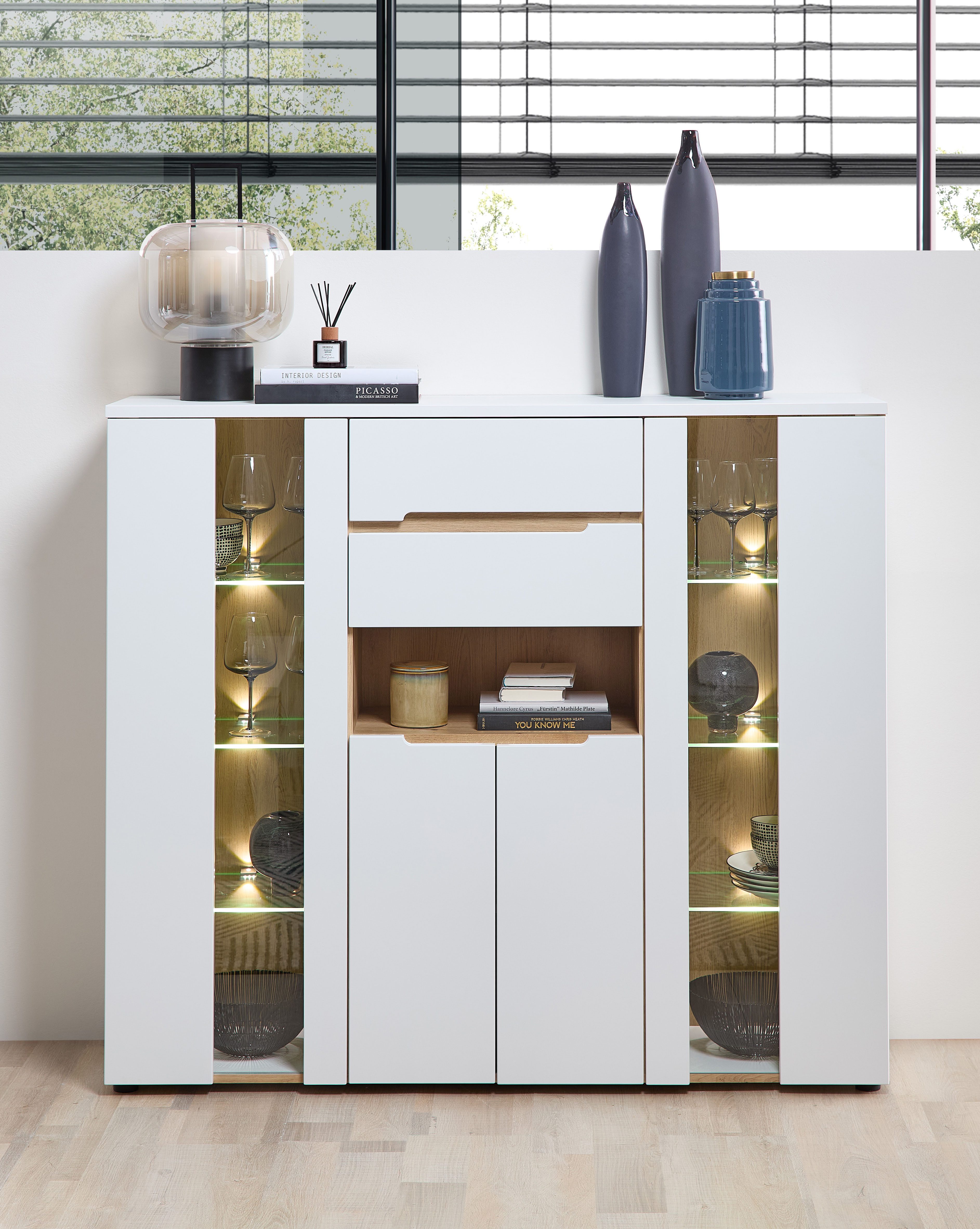 Innostyle Highboard Memphis Highboard, 145x127x38cm (B/H/T) (1 St), 4 türig, 2 Schubkasten, LED-Beleuchtung, Soft-Close