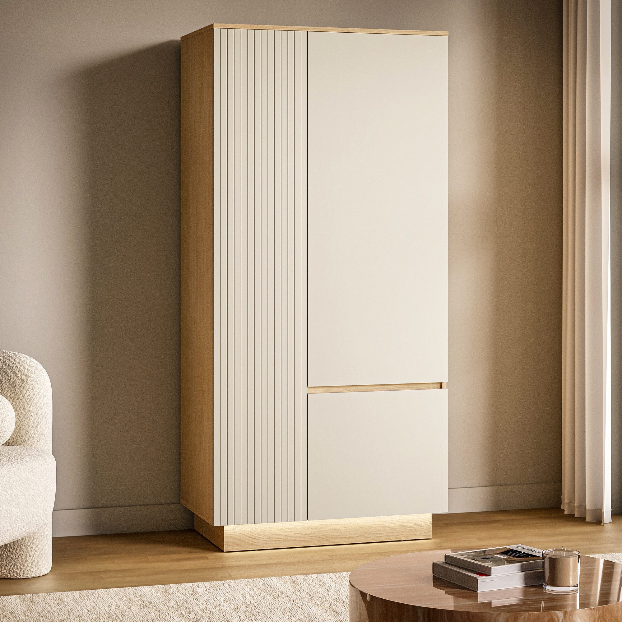 Lomadox Kleiderschrank HELLIN-131 in Beige, 90 cm breit mit 3 Türen, Softclose & LED-Beleuchtung