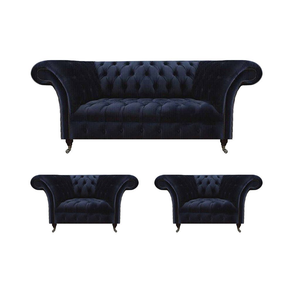 JVmoebel Chesterfield-Sofa Dunkelblaues Chesterfield-Sofa mit Knopfverzierungen und Hocker, Made in Europa