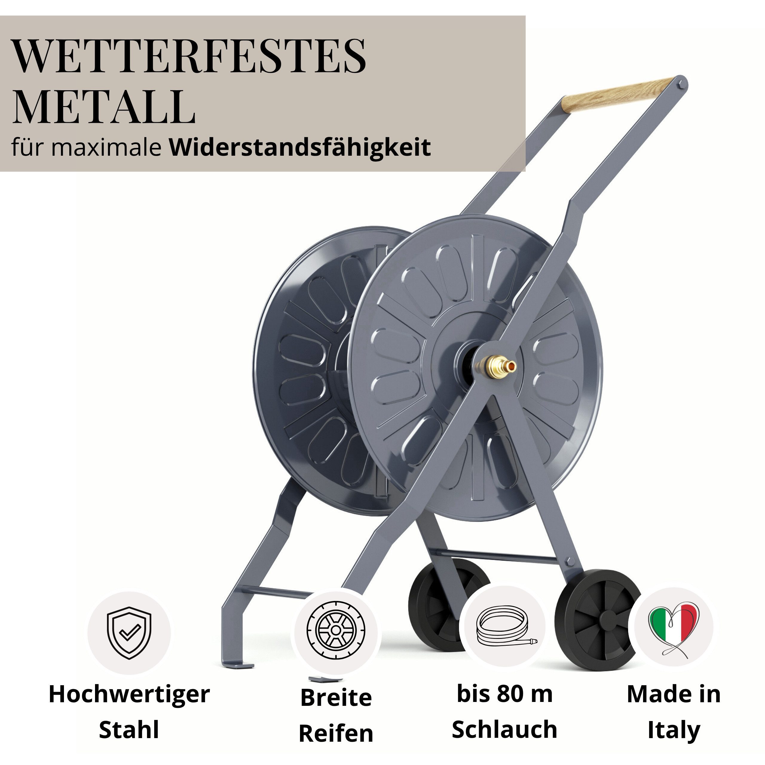 LIVLIG Schlauchwagen für bis 50 m Gartenschlauch, 1/2 Zoll Anschluss, (1x Schlauchwagen), Made in Italy, Handkurbel aus Holz, geländegängige Räder