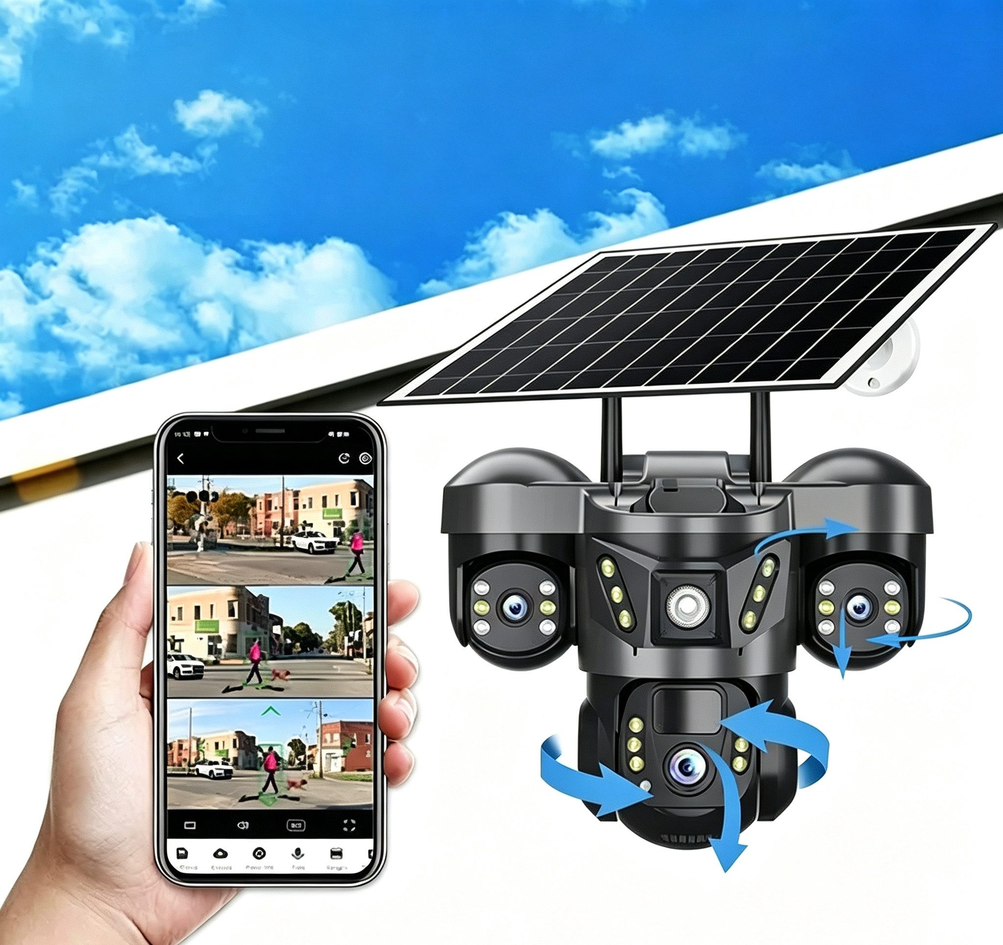 ANTCOOL Überwachungskamera Solar Überwachungskamera 3‑Objektiv WLAN PTZ 360° Nachtsicht Außen – Bild 2 von 5