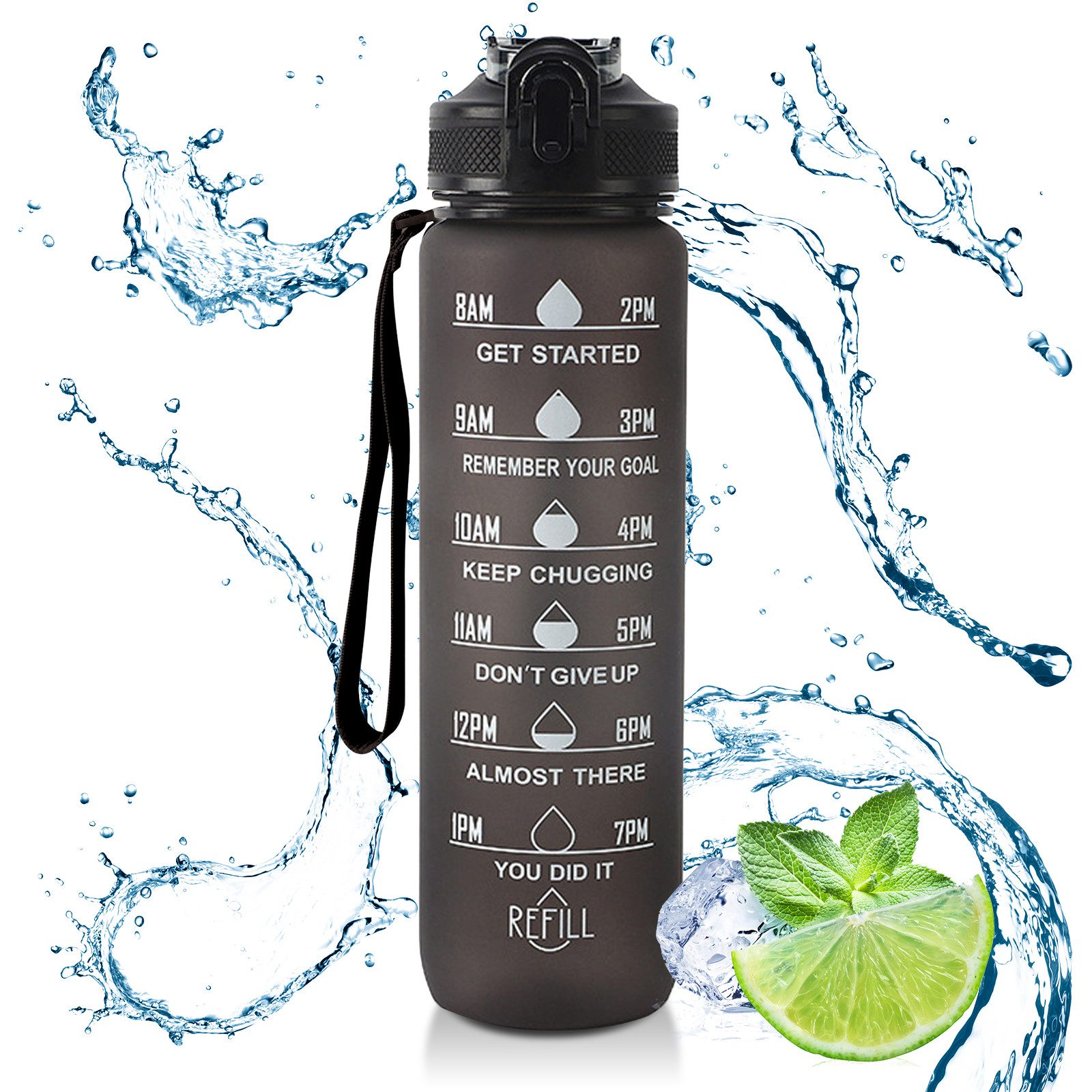 Trinkflasche 1 Liter Sport-Wasserflasche mit Strohhalm und Zeitmarkierungen