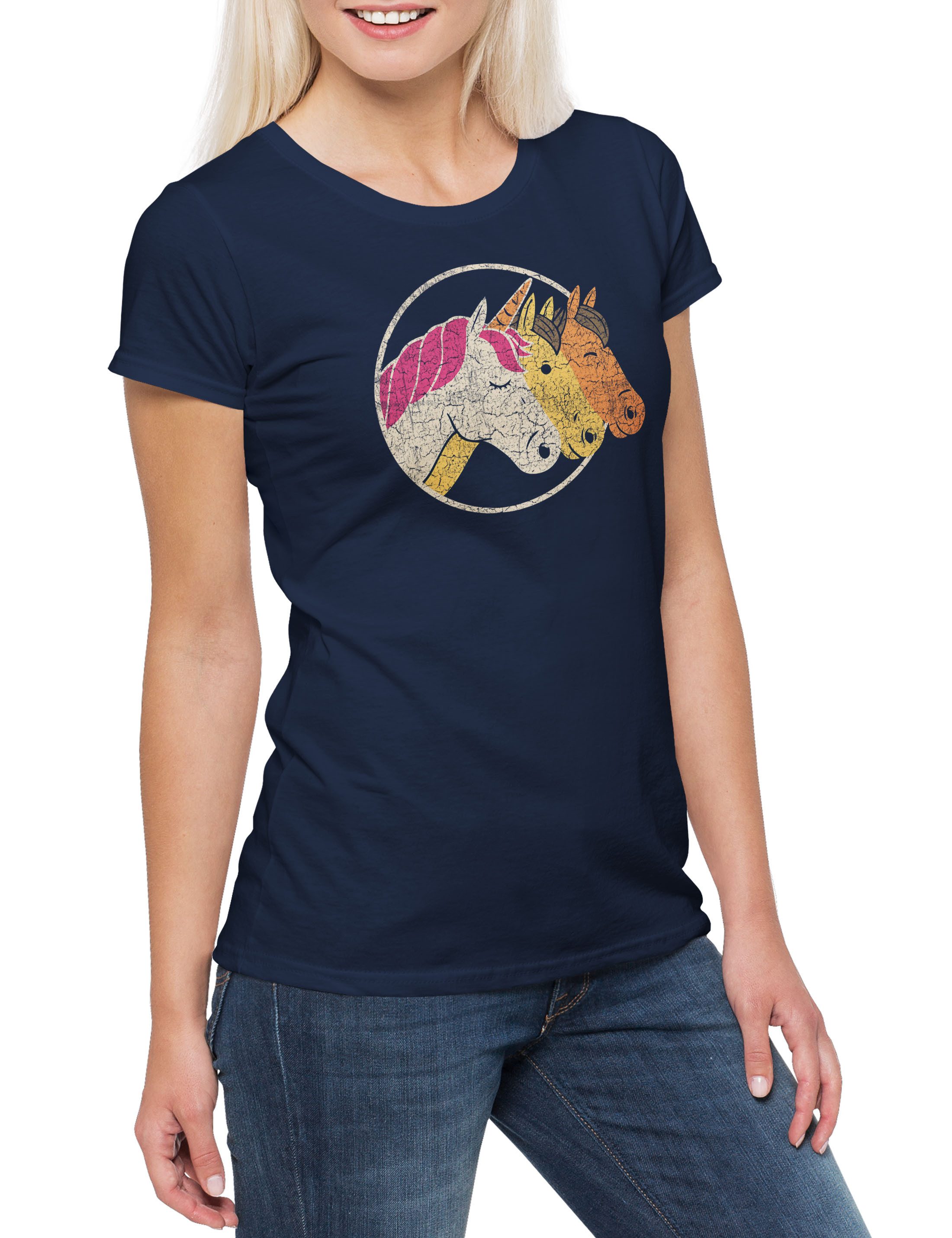 Print-Shirt Unicorn & Horses Damen T-Shirt Einhorn Regenbogen Horn Rainbow Fun