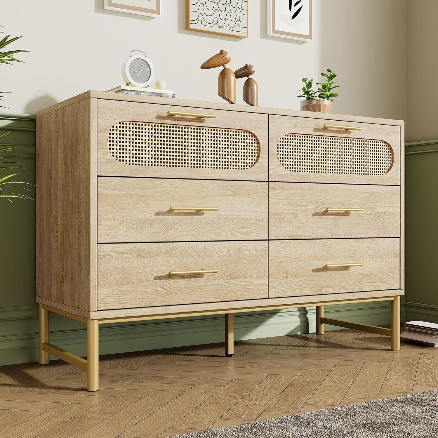 LuxusKollektion Sideboard Sideboard Hochglanz 6 Schubladen Metallgriffe Sonoma Eiche 120x40x74cm