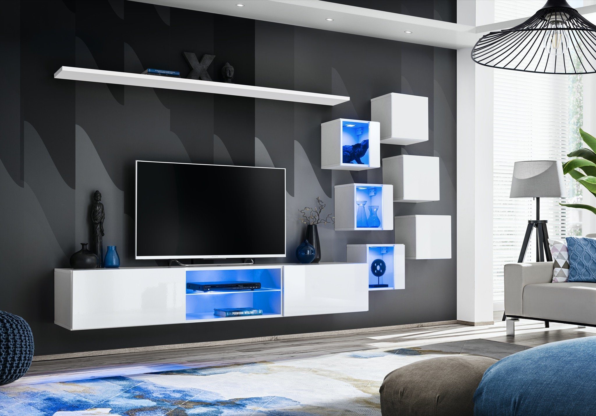 JVmoebel Wohnwand Luxus Wohnwand Einrichtung Neu Möbel Wandschrank Wohnzimmermöbel, (8-St., TV Ständer + 6x Wandschrank + Wandregal), LED beleuchtet