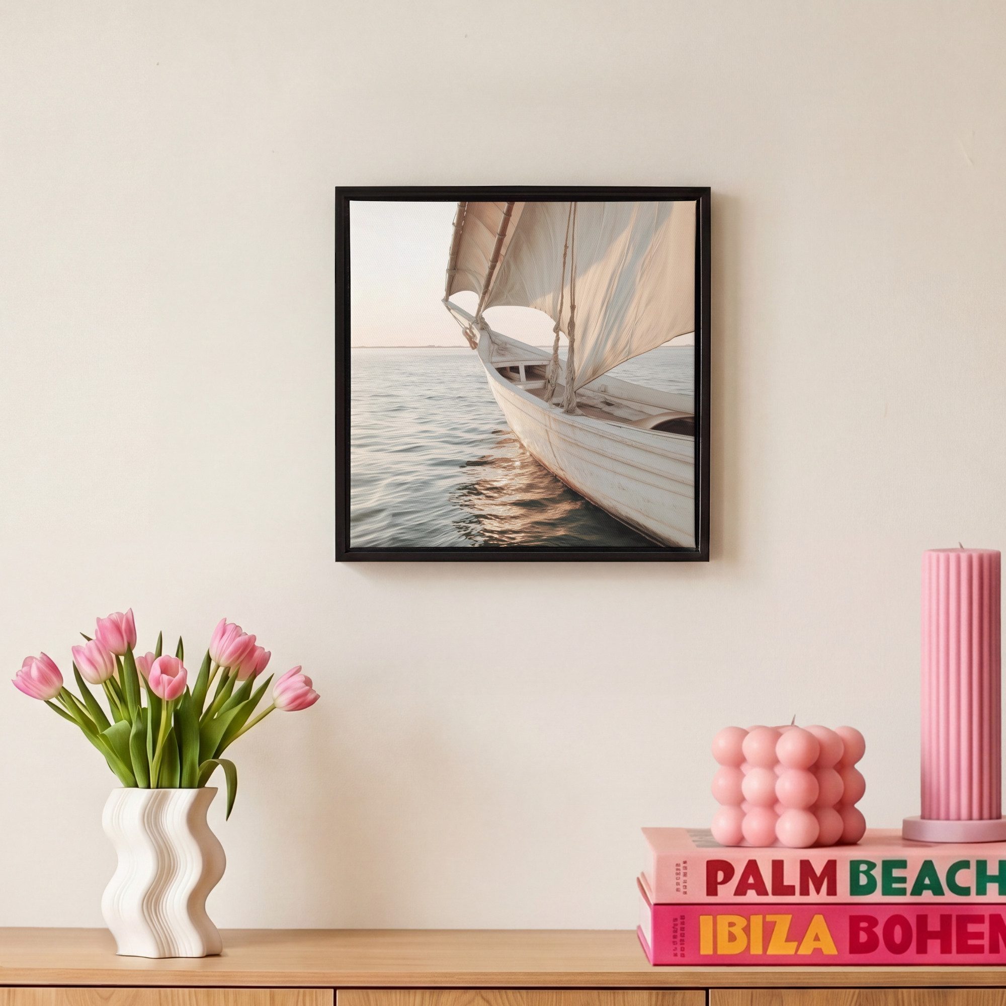 OneMillionCanvasses® Leinwandbild mit Rahmen - Segelboot - Meer - Beige - Sonne, Fotodruck (1 St), Leinwand Bilder Klein, Wand Dekoration Aesthetic 20x20cm – Bild 4 von 5