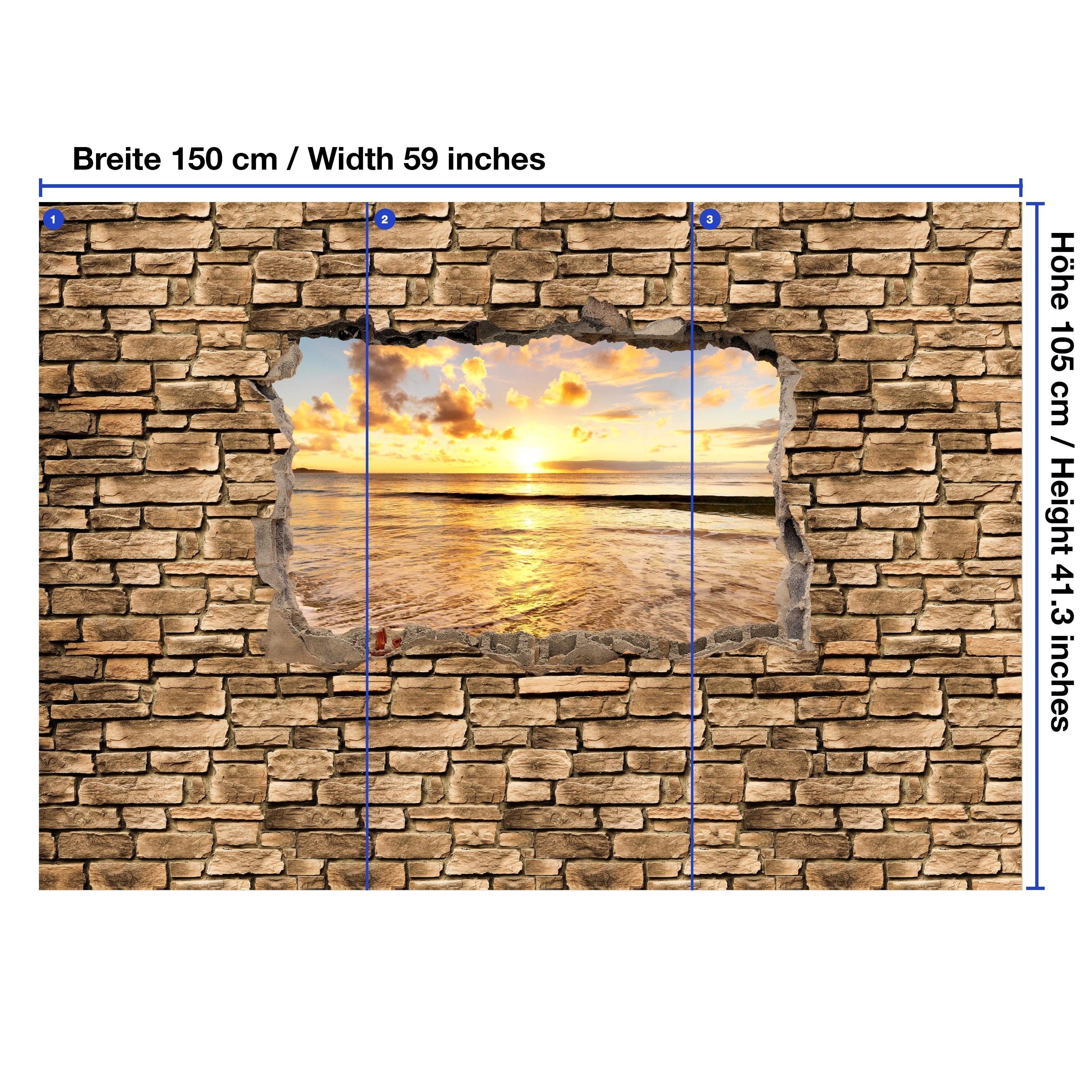 wandmotiv24 Sonnenuntergang Wandtapete, - Meer am 3D Vliestapete Steinmauer, Fototapete glatt, matt, Motivtapete,
