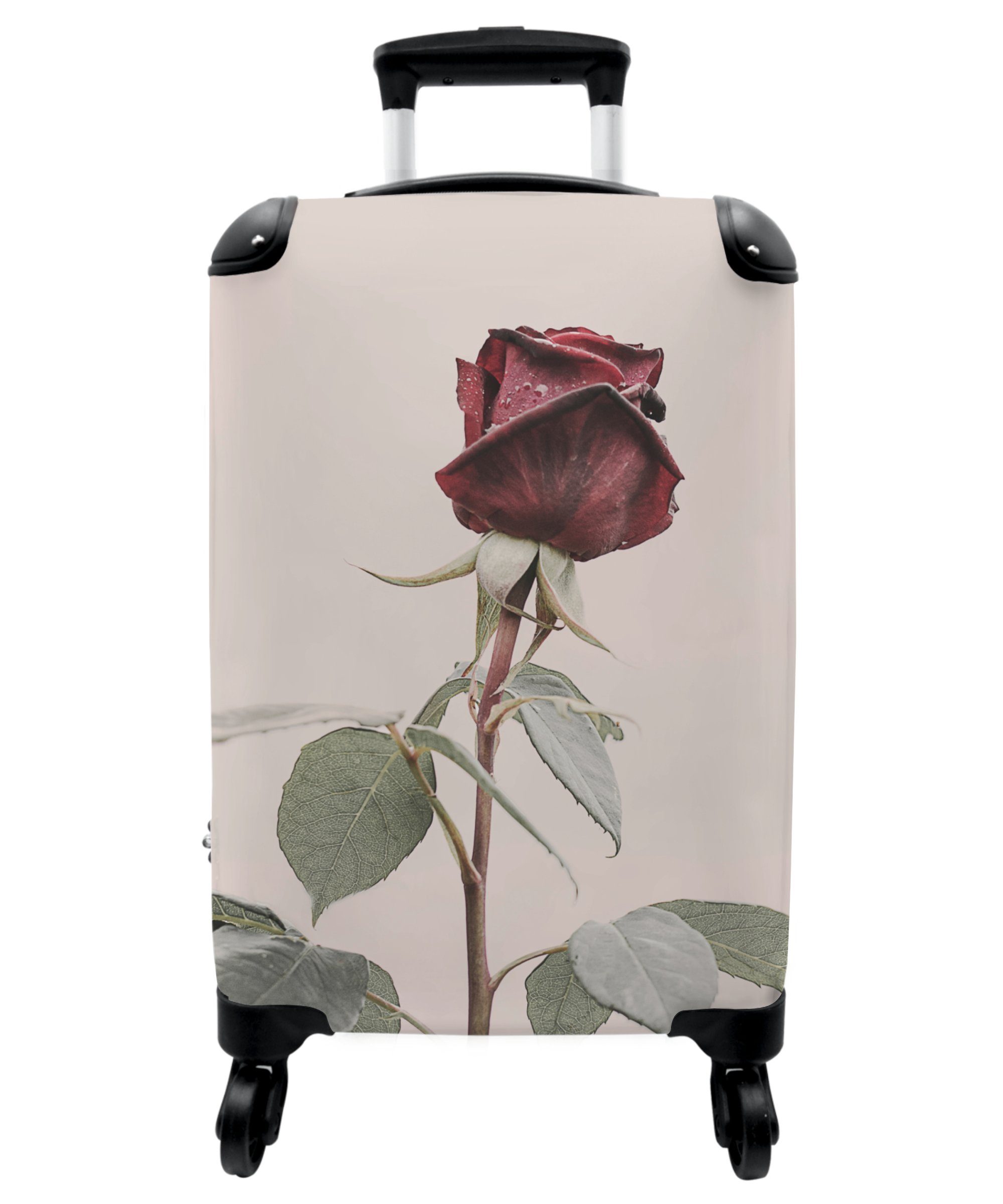 NoBoringSuitcases.com© Handgepäckkoffer 55x35x20cm Blumen - Rot - Rosen - Grün, 4 Rollen, Handgepäck Trolley Rollkoffer Kleine Reisekoffer mit 4 Rollen - Cabin