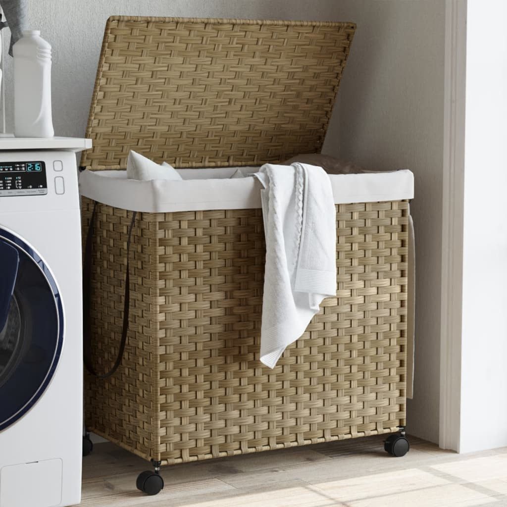 furnicato Wäschekorb aus Rattan mit 3 Fächern, Rollen und weißem Innenbeutel, (1 St), Klappbare Wäschetonne mit Deckel und Sortierfächern für Badezimmer