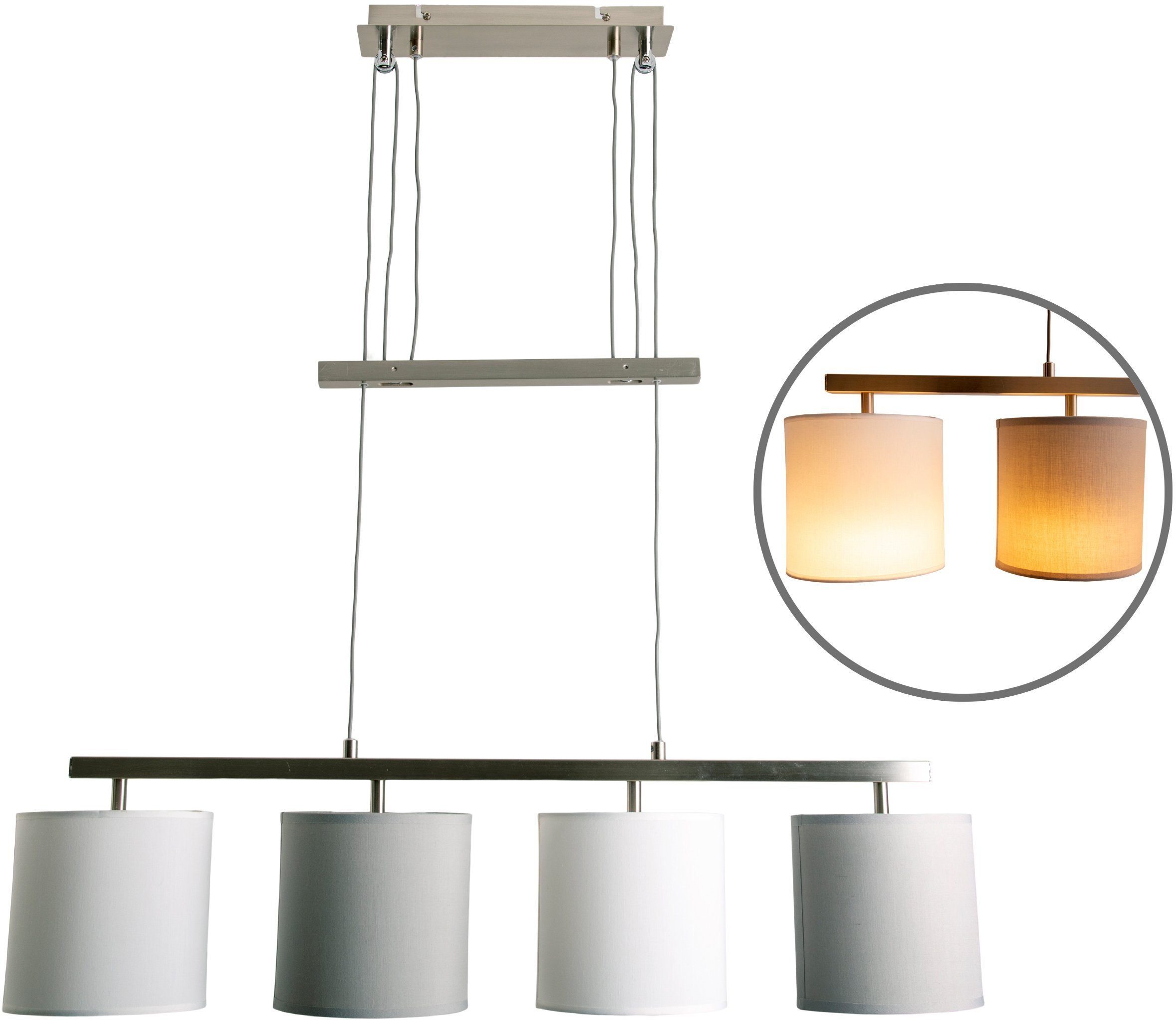 näve Pendelleuchte Tilde, ohne Leuchtmittel, 4 x E27 mit Textilschirmen je 2 x in grau und weiß höhenverstellbar. Reduzierter Preis € 102,01. Unverbindliche Preisempfehlung € 330,95