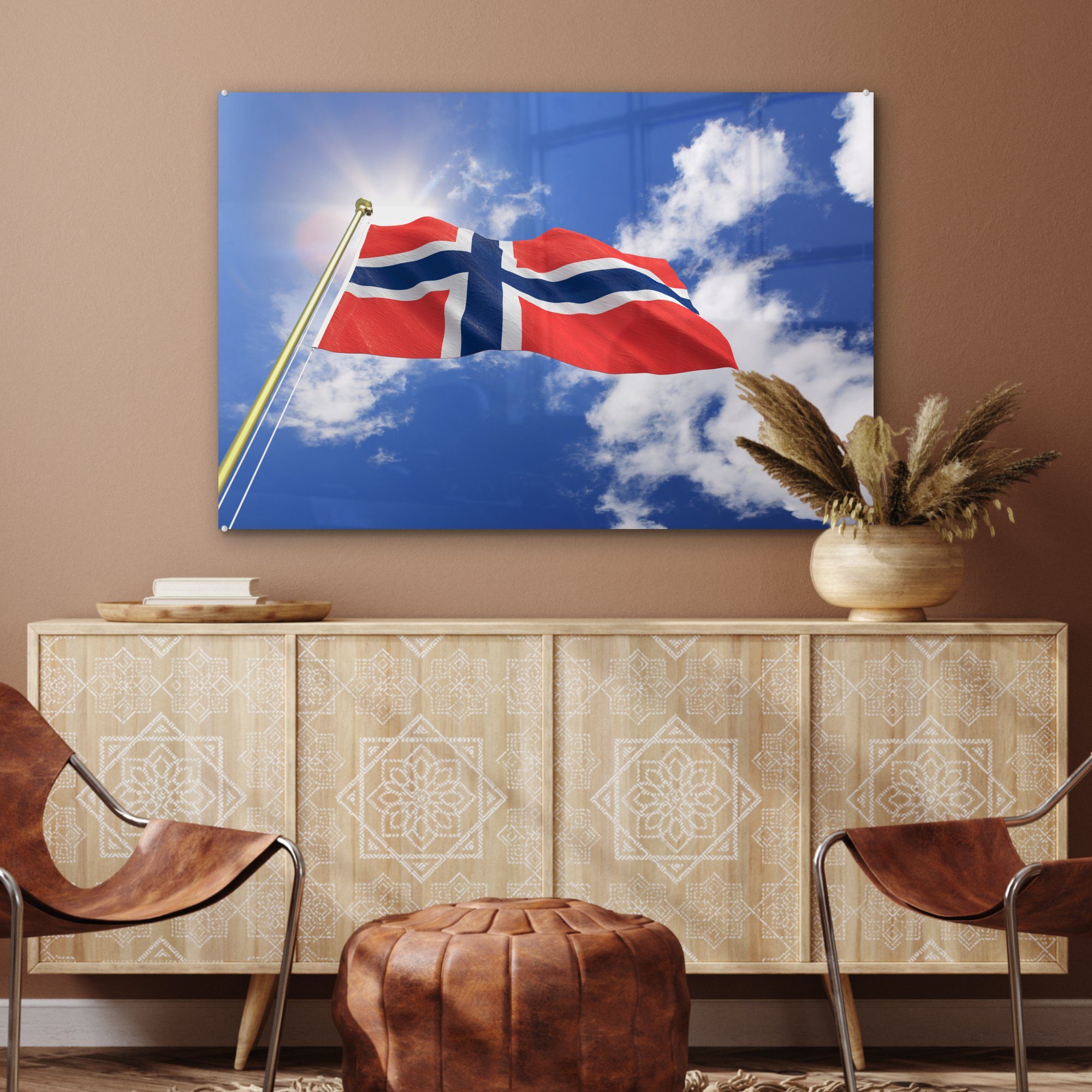 St), Schlafzimmer (1 von MuchoWow & Wohnzimmer Norwegen Acrylglasbild Acrylglasbilder mit Flagge Himmel, blauem