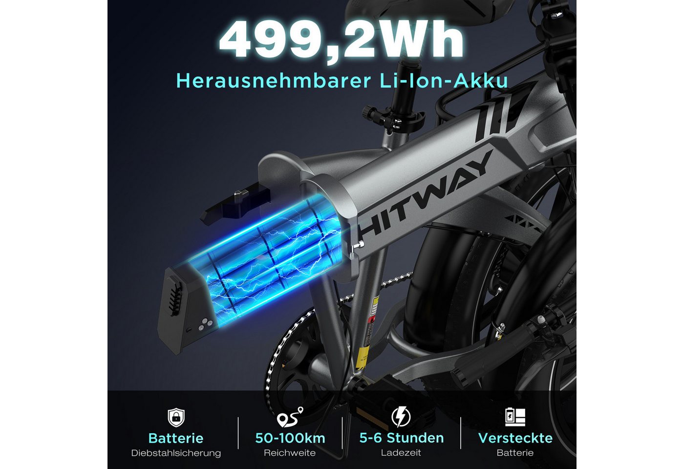 Thumbnail - HITWAY E-Bike Klapprad 20*4,0 zoll Elektrofahrrad Pedelec mit StVZO Max. bis zu 100km, 7 Gang Shimano Shimano Schaltwerk...