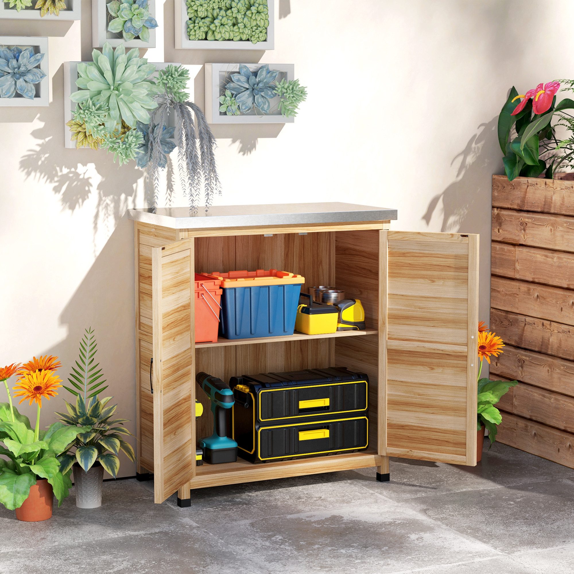 Outsunny Garten-Geräteschrank mit verzinkter Arbeitsplatte, 2 Regalböden, Doppeltür, BxT: 79x43 cm, (Gartenschrank, 2 St., Pflanztisch mit Unterschrank), für Garten Balkon 79 x 43 x 92cm Naturholz