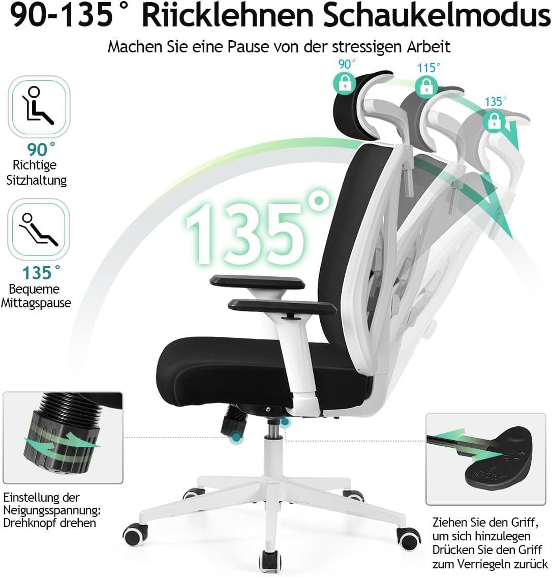 verstellbarem Schreibtischstuhl Bürostuhl ergonomisch: mit Verstellbarer mit Sitz), KERDOM (Bürostuhl Bürostuhl Ergonomischer Schreibtischstuhl Kopfstütze