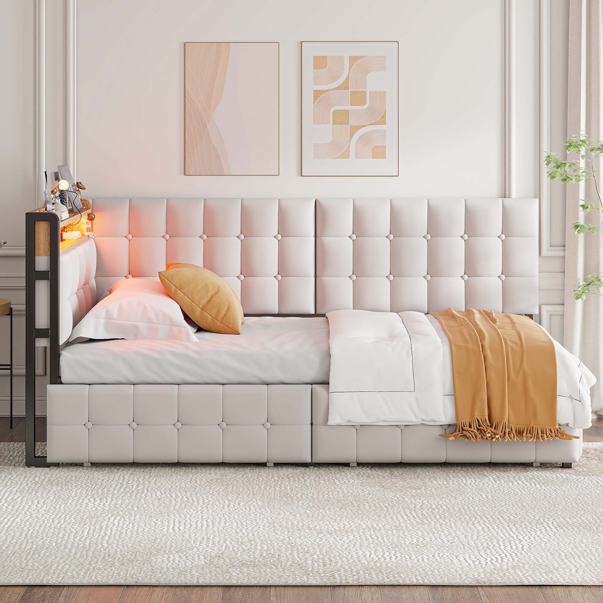 Odikalo Schlafsofa Daybett Stauraumbett Polsterbett USB Schubladen 90x200cm Grau/Beige – Bild 2 von 5