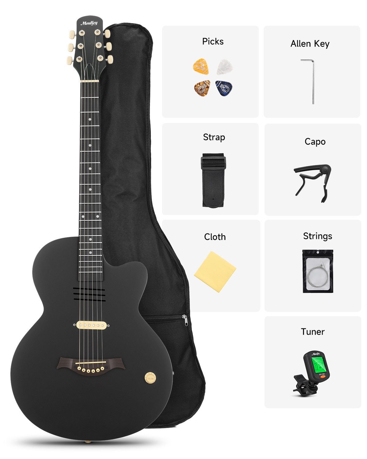 Moukey Akustikgitarre BCC-100 Westerngitarre elektrisch Komplettset inkl. Gigbag Stimmgerät, LP, mit Gigbag, Gurt, Stimmgerät, Schlagbrett, für Anfänger in voller Größe komplettes Anfängerset