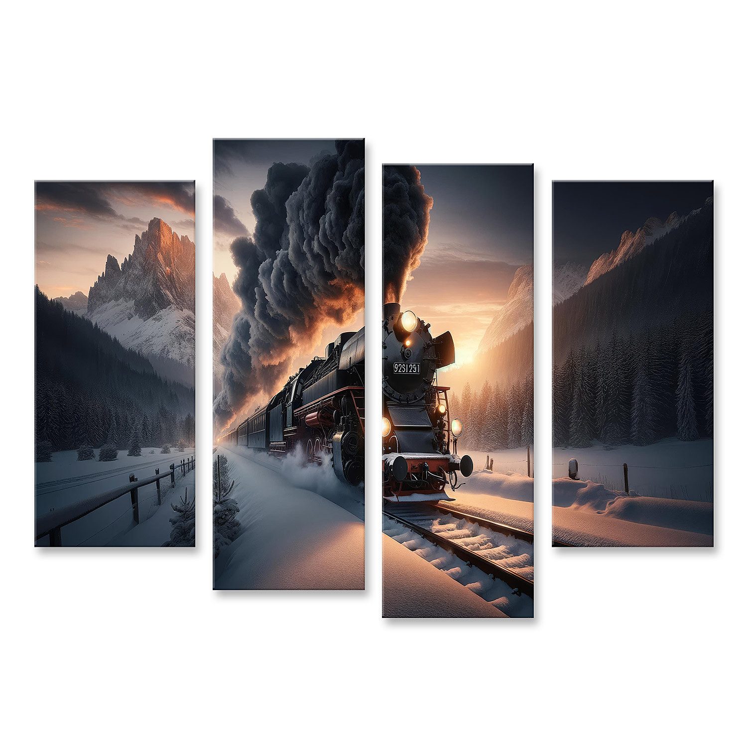 Leinwandbild Schneegestöber und Dampfgeflüster Eisenbahn Romantik pur