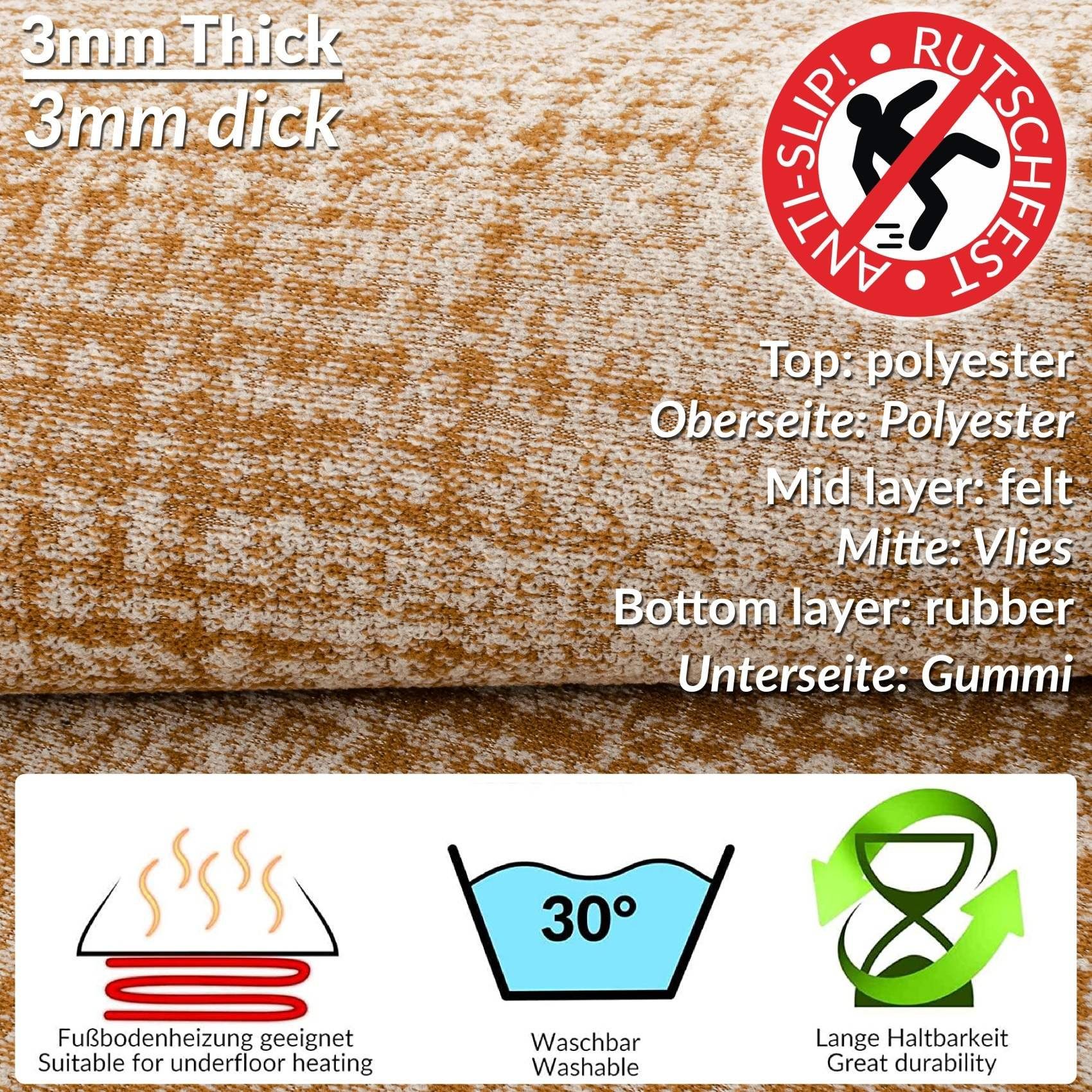 Küchenläufer Teppichläufer Küchenläufer Läufer Robust, Höhe: 3 mm, ANRO, Modern Premium Braun Rechteckig, Textil ANTON Textil
