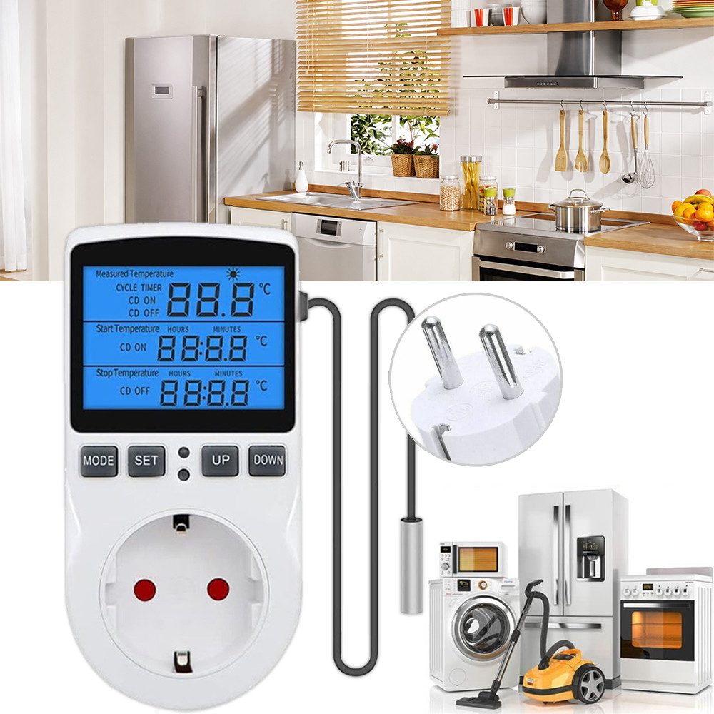 PRIISF Steckdosen-Thermostat Temperaturregler Heizen Kühlen Thermostat Steckdose 16A Zeitschaltuhr, Digitaler Steckdosenthermostat mit Temperaturfühler LCD Display Timer, Temperaturbereich -40 bis 120°C, für Lüfter Gewächshaus Kühlschrank, Raumthermostat für Terrarium Reptilien Gewächshaus Inkubator