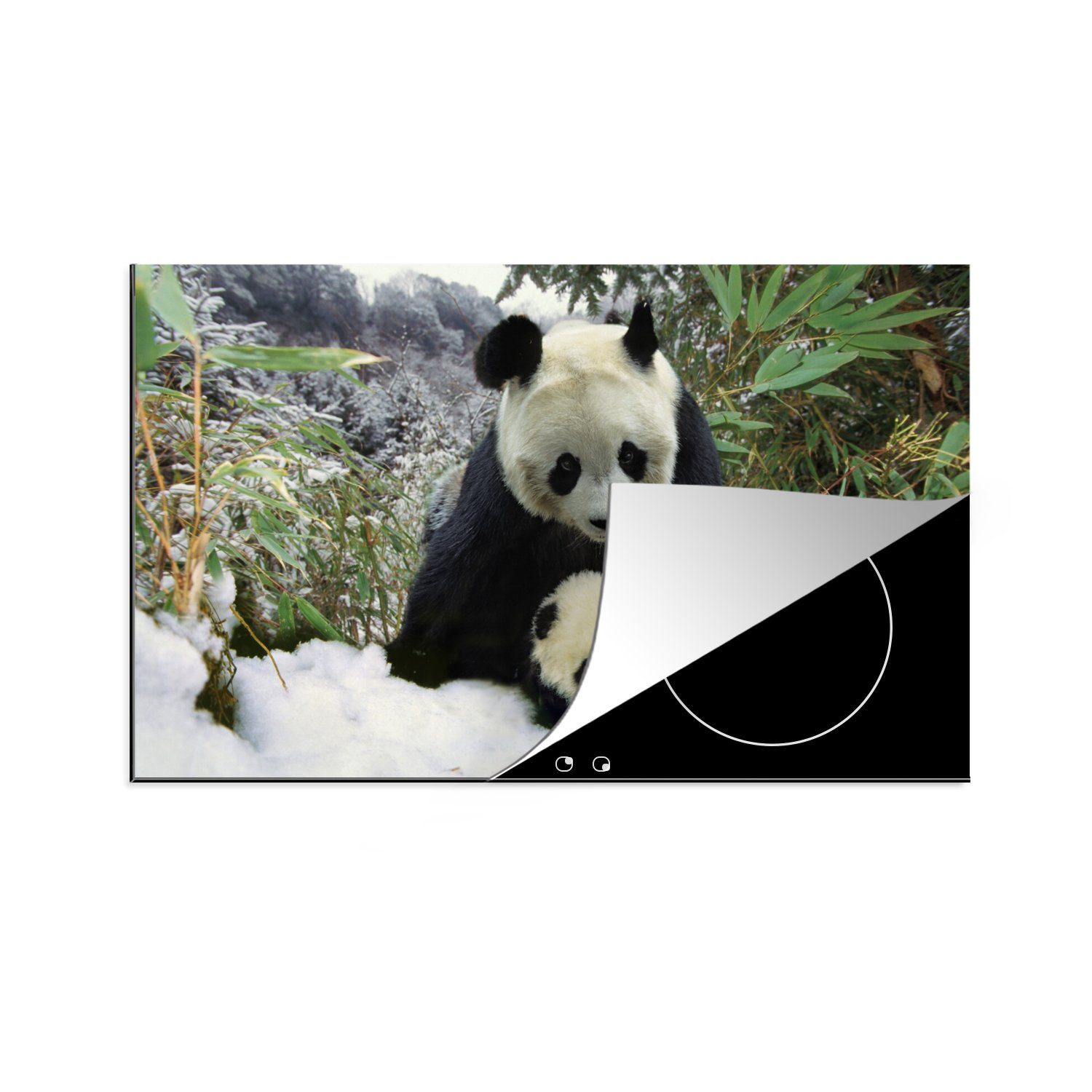MuchoWow Herdblende-/Abdeckplatte Panda - Jungtier - Schnee, Vinyl, (1 tlg), 81x52 cm, Induktionskochfeld Schutz für die küche, Ceranfeldabdeckung | Herdabdeckplatten