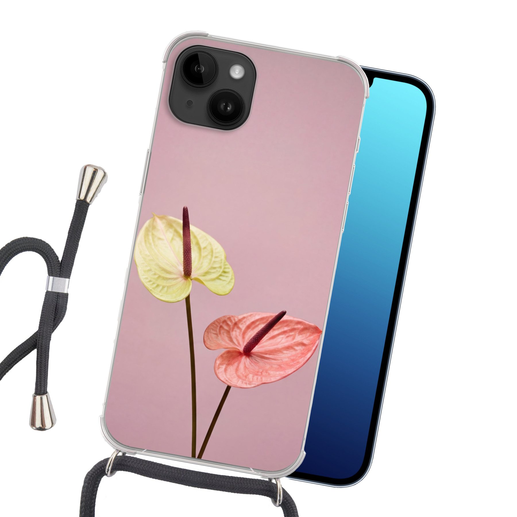 MuchoWow Handyhülle für Apple iPhone 14 Blumen - Anthurien - Gelb - Rosa, Tragbare Handyhüllen mit Kette zum umhängen, Handykette Handyband