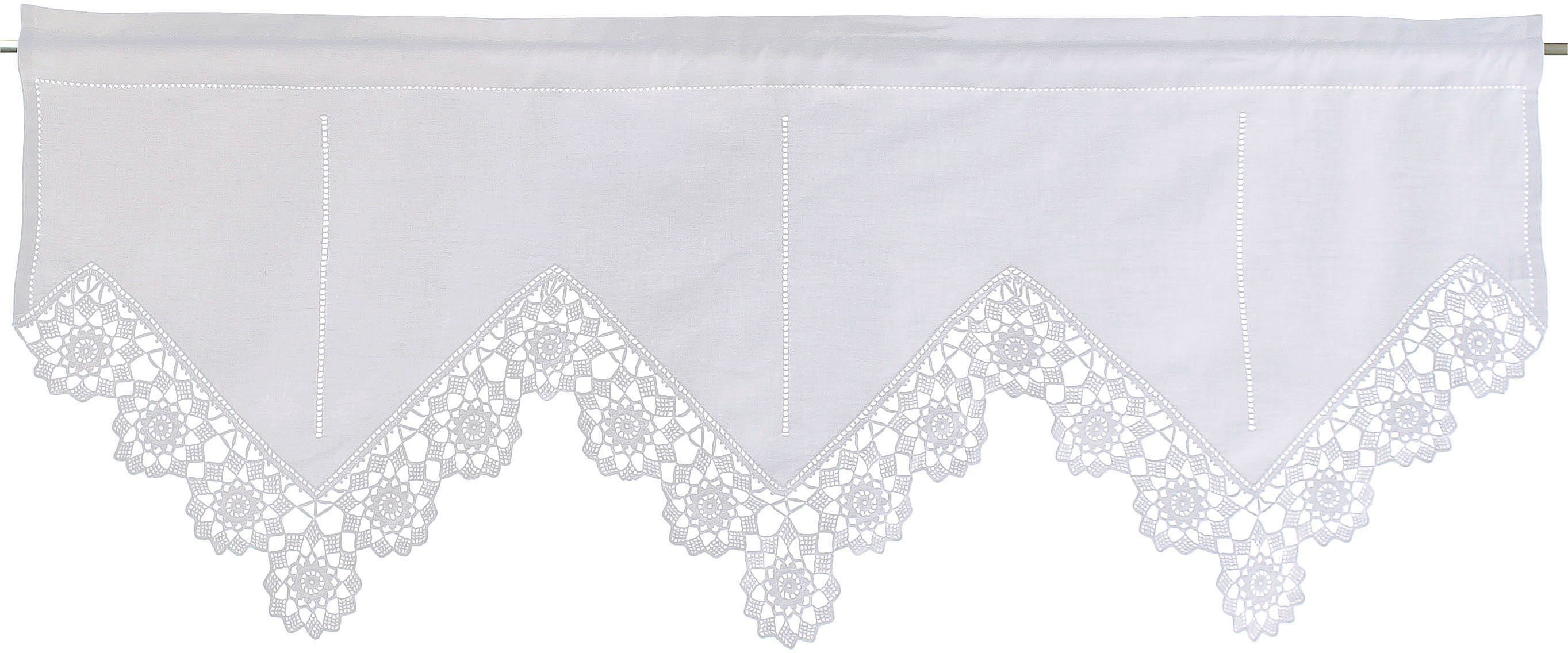 HOSSNER - ART OF HOME DECO Querbehang Dufour (1 St), Stangendurchzug, halbtransparent, Wirkware, handgehäkelte Spitze, weiß, Baumwolle