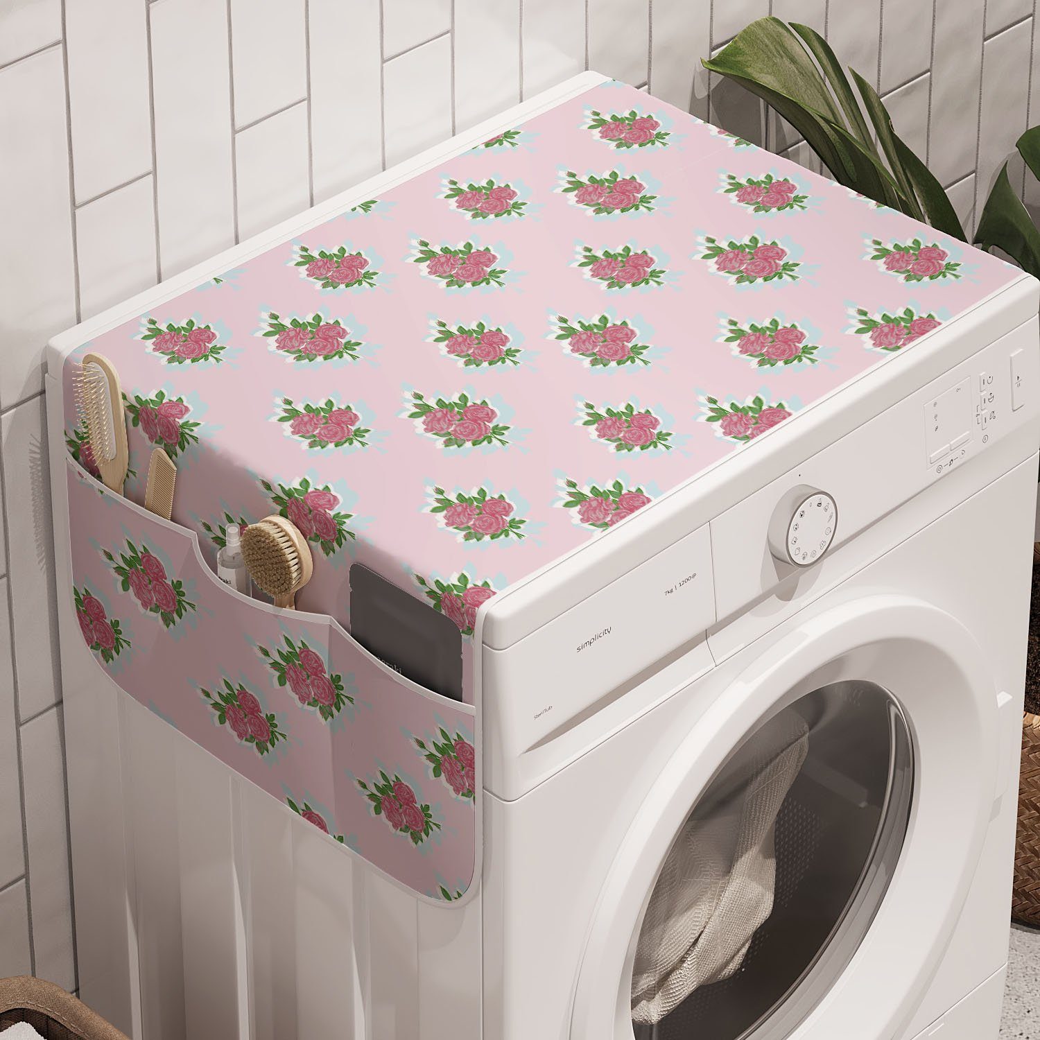 Abakuhaus Badorganizer Anti-Rutsch-Stoffabdeckung für Waschmaschine und Trockner, Rose Romantisches Art-Blätter Blossom