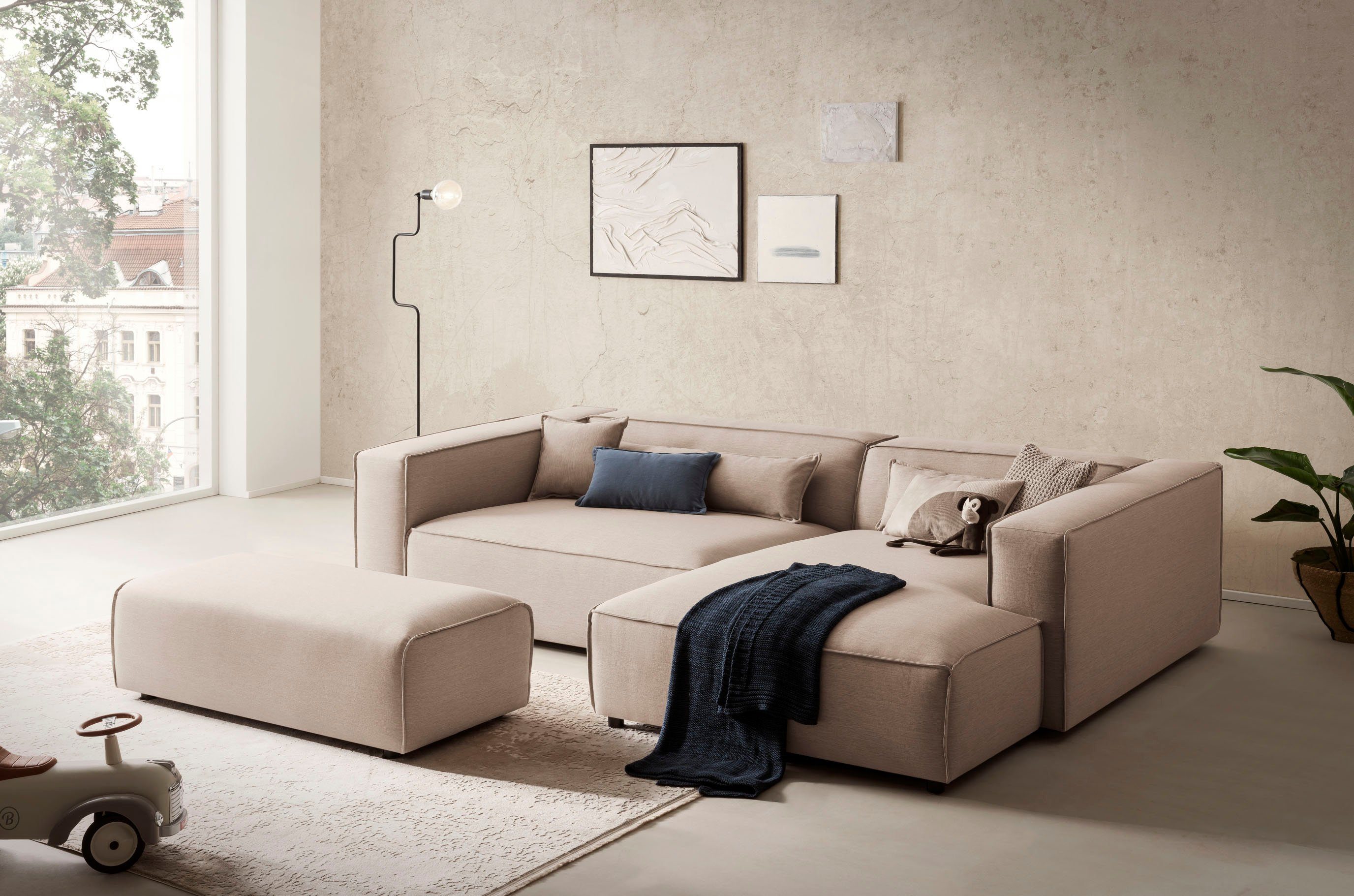 LeGer Home by Lena Gercke Ecksofa PIARA XXL, L-Form, Schlaffunktion, Cord, Leinenoptik o. Strukturstoff, Hocker stellbar zum Schlafsofa (Krokodilverbinder), tiefe Sitzfläche
