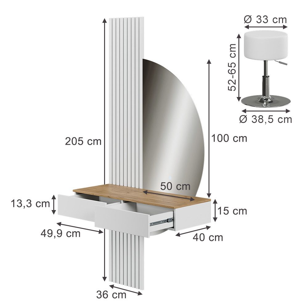 Vicco Schminktisch Melina, Weiß/Eiche, 100 cm mit LED-Spiegel und Hocker (2-St)