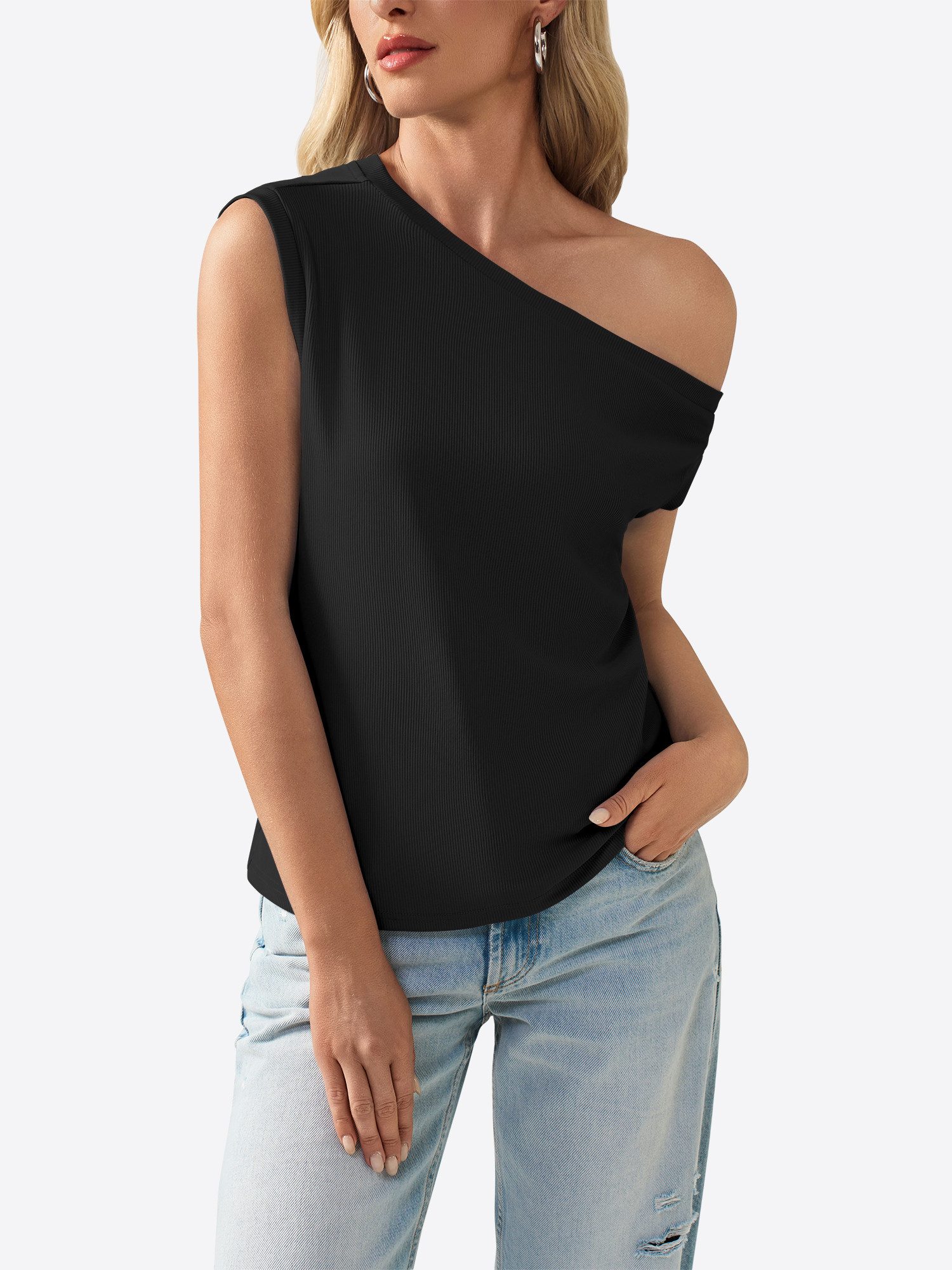 Imily Bela Tanktop Damen Sommerliche Rippstricktops mit One-Shoulder (Packung, 1-tlg., 1per-Pack) einfarbig – Bild 5 von 5