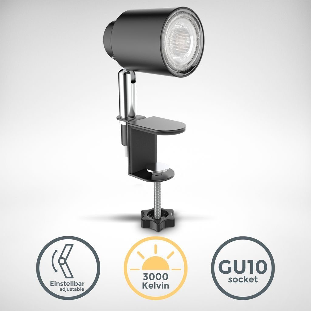 GU10 LED Neigbar inkl. Warmweiß, B.K.Licht Nachttischlampe Tischleuchte - 5W Kippschalter wechselbar, LED Metall Schwenkbar Schwarz-Matt BKL1353, Klemmleuchte