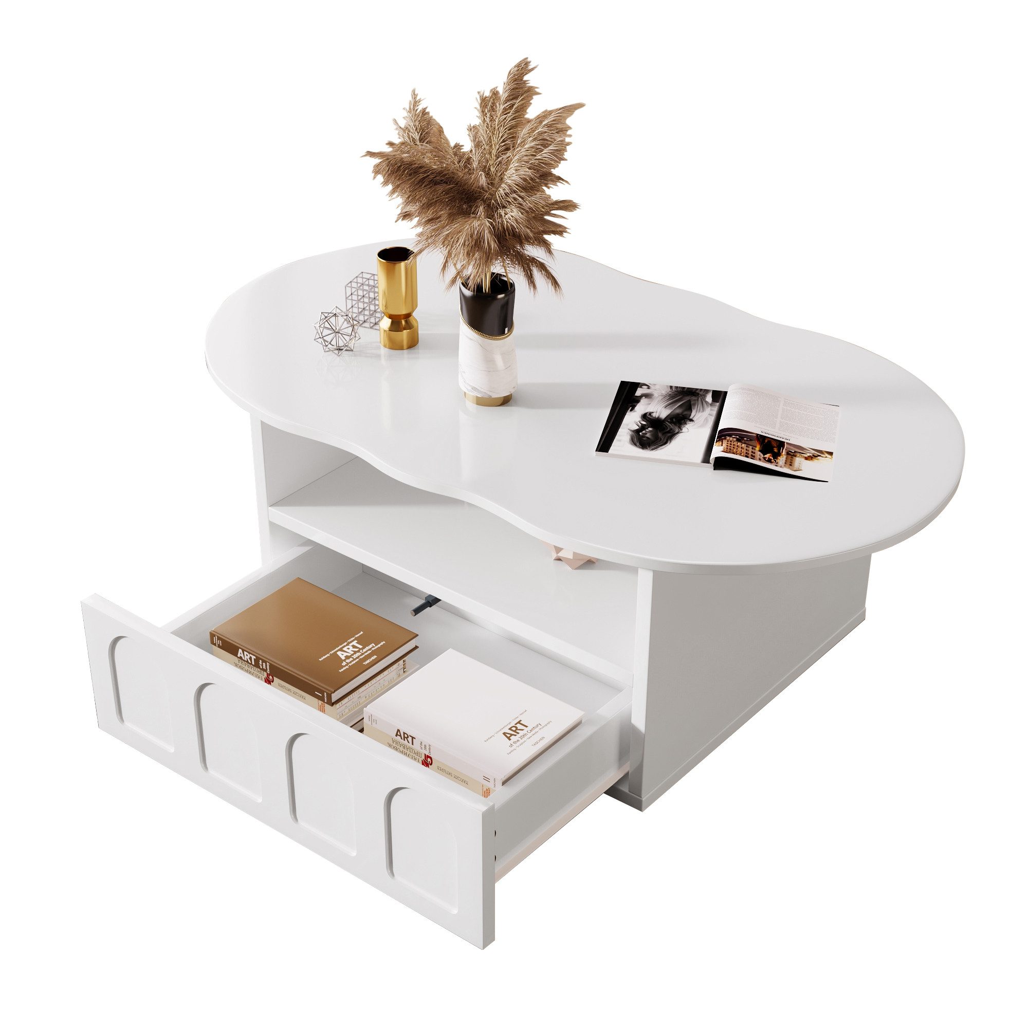 Refined Living Couchtisch wolkenförmiger Couchtisch Wohnzimmertisch mit Schubladen Sofatisch (1 Artikel 100 x 39,2 x 60 cm Tischplatte in Wolkenform, 1-St., mit Schubladen & Offenes Ablagefach, großem Stauraum aus Spanplatte), Elegantes & einzigartiges Design Schutz für den Boden, robust, stabil