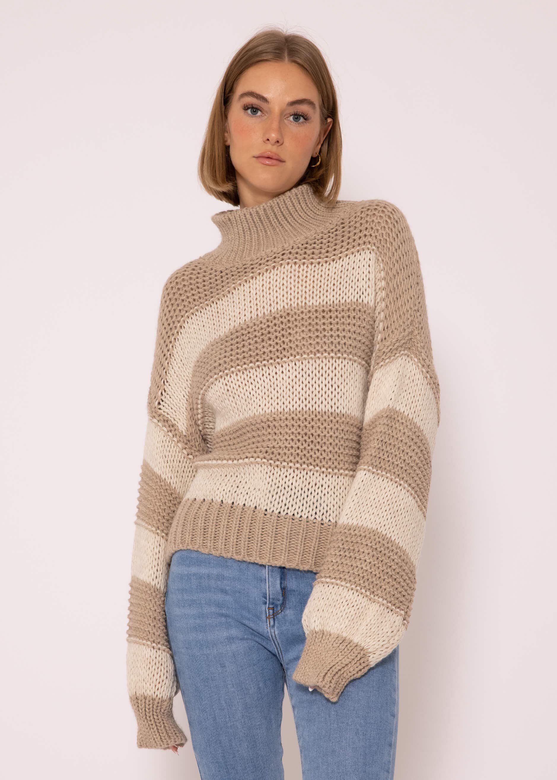 Rollkragen Rollkragen Strickpullover Damen Pullover Rollkragenpullover Rollkragenpullover Beige mit mit mit Blockstreifen Streifen SASSYCLASSY