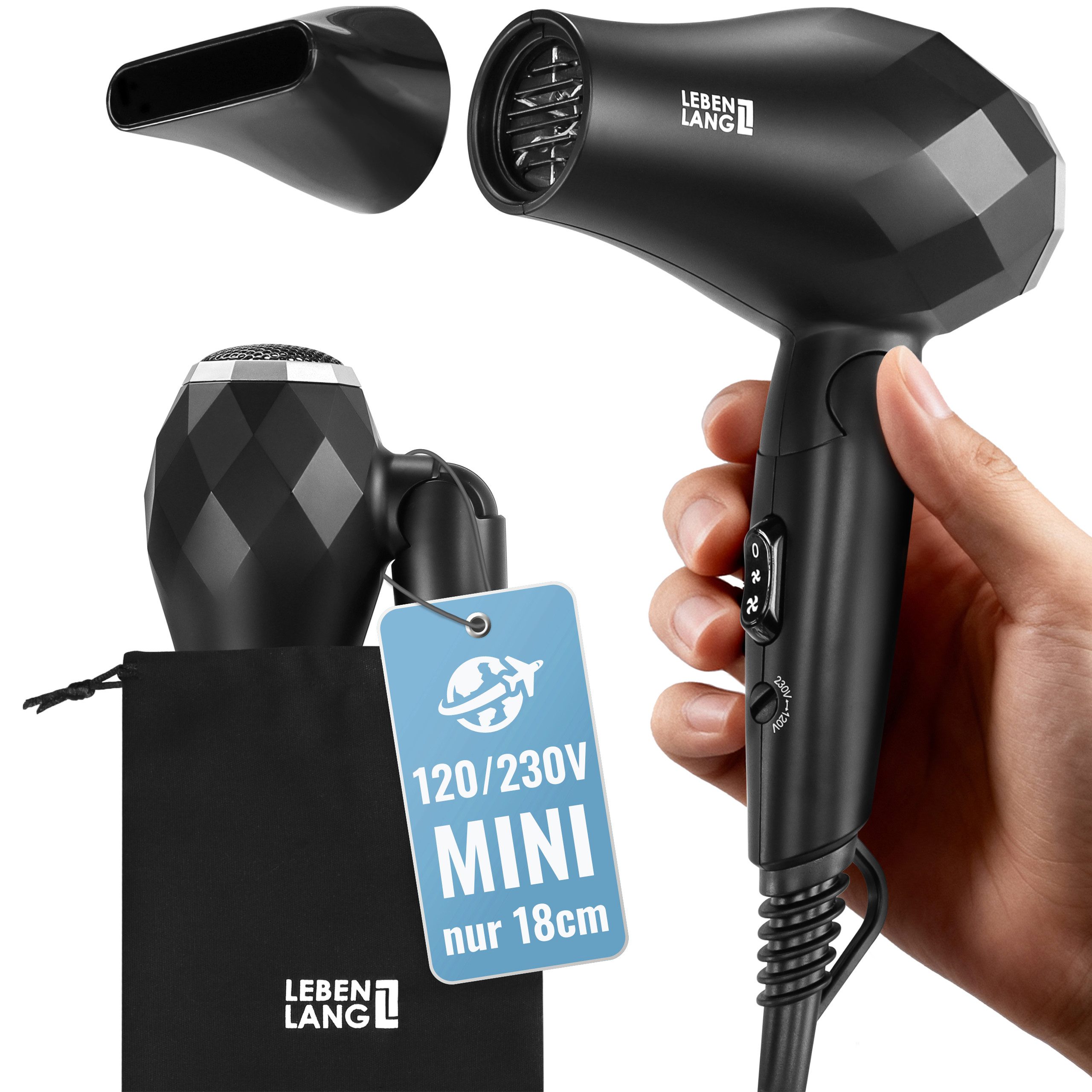 Lebenlang Reisehaartrockner klappbar klein -, 1000,00 W, Duale Spannung & Inkl. Reisetasche mit Stylingdüse, Leichtes Gewicht