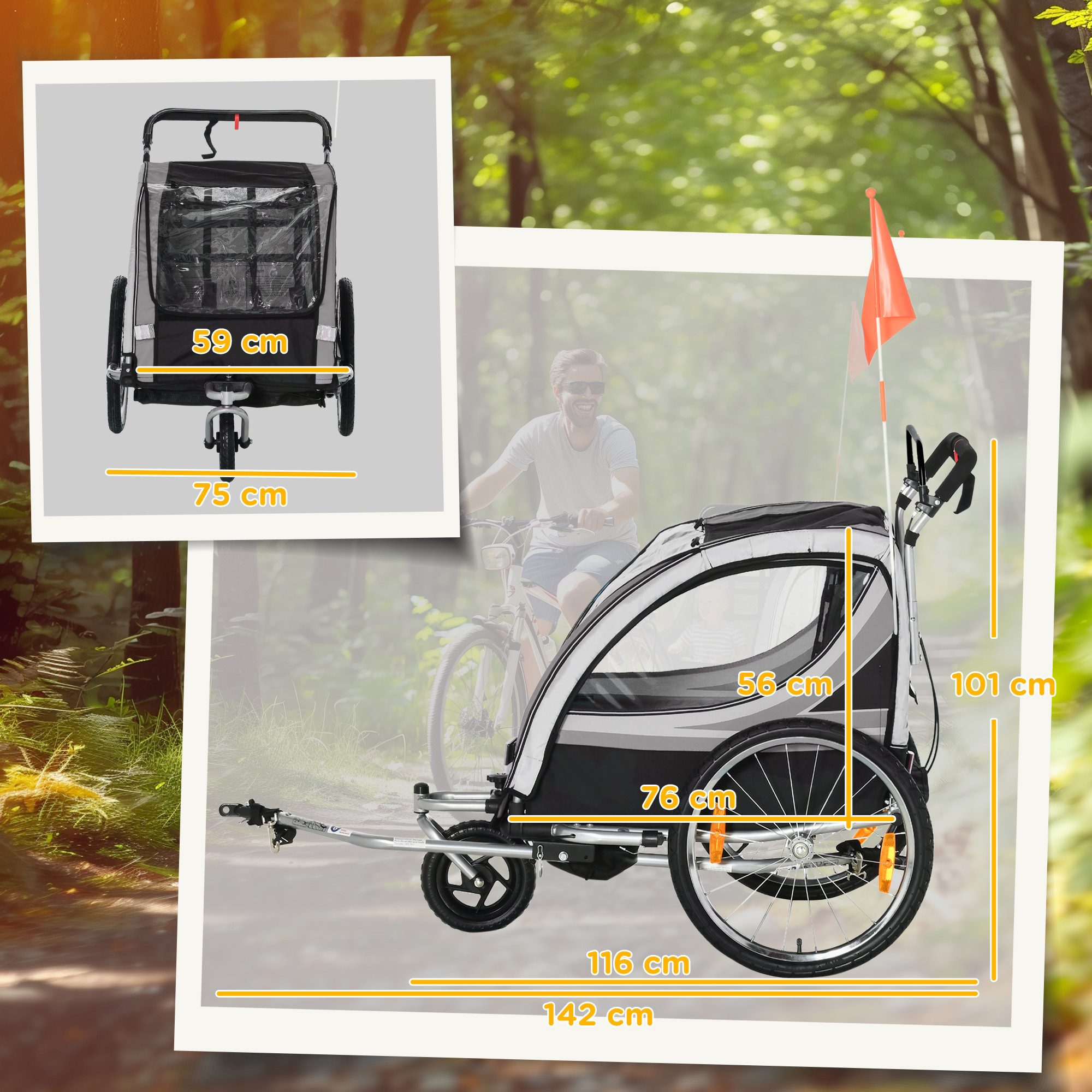 HOMCOM Fahrradkinderanhänger Kinderanhänger, Fahrradanhänger, für 2 Kinder, grau, für 2 Kinder ab 18 Monate, bis 26,4 kg belastbar, Grau – Bild 3 von 5