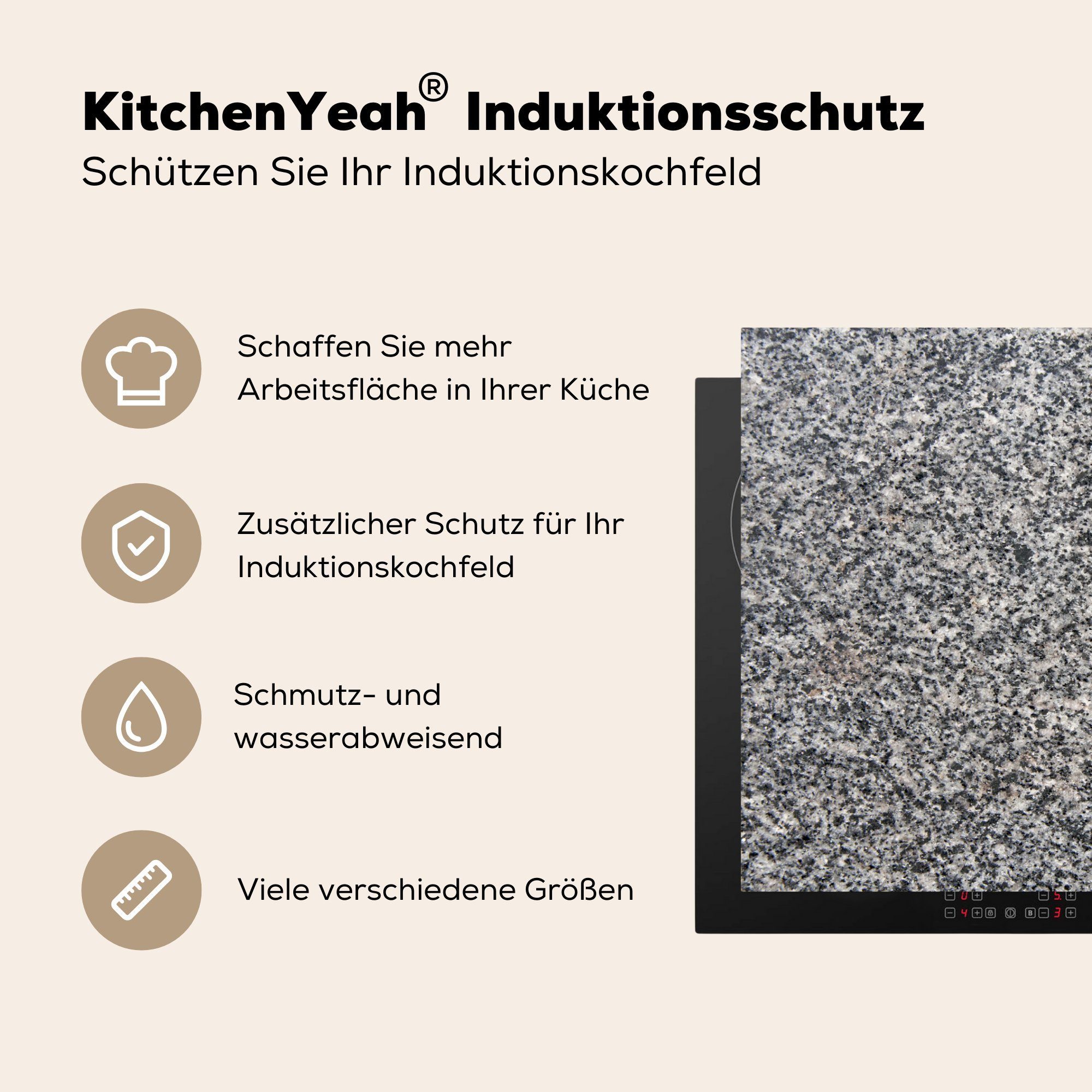 81x52 Herdblende-/Abdeckplatte Design cm, Industriell Ceranfeldabdeckung küche, - MuchoWow Vinyl, für - die - Grau, Schutz Granit (1 tlg), Induktionskochfeld