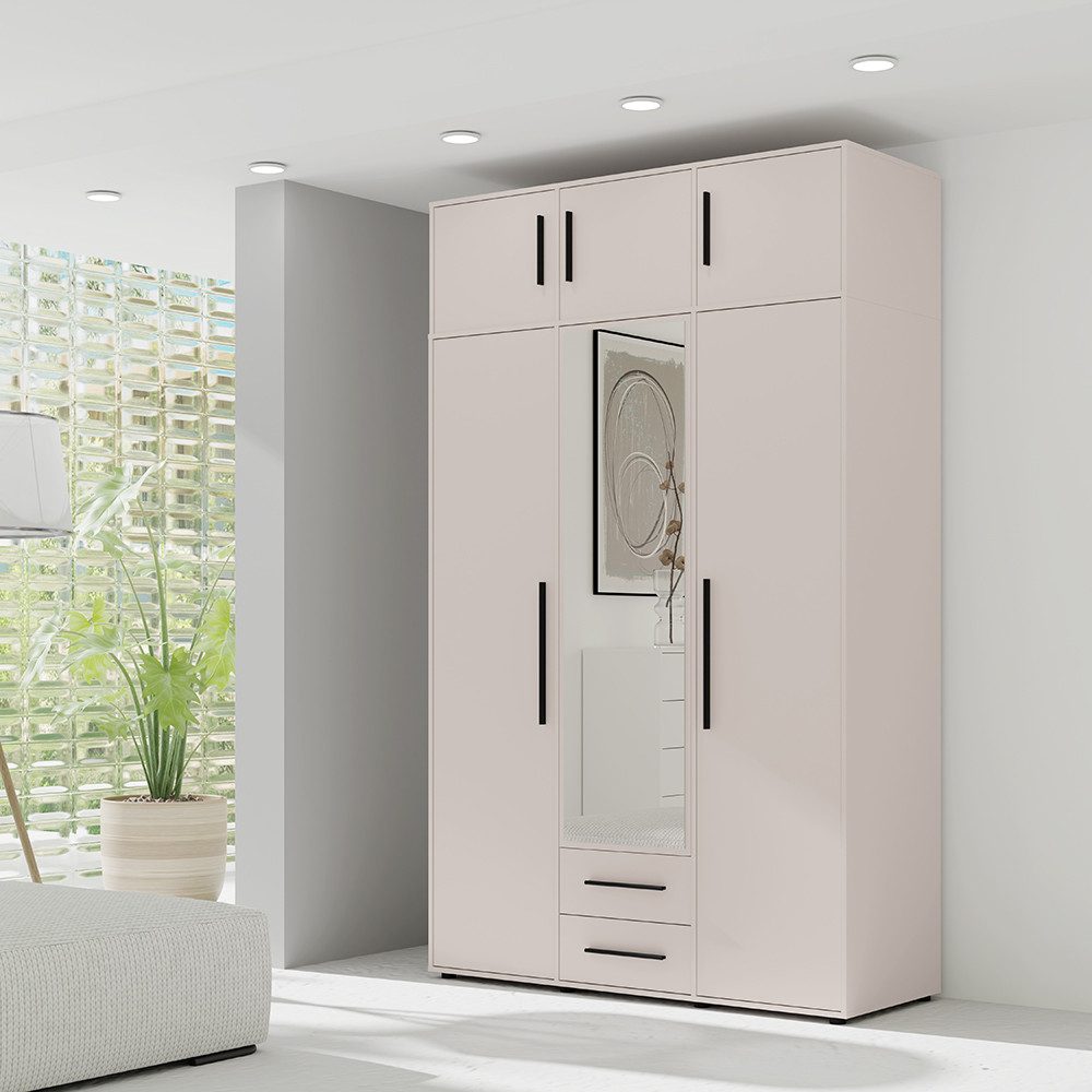 Lomadox Kleiderschrank MOLLERUSA-132 in kaschmir mit schwarzen Griffen, 150 cm breit, mit Spiegeltür