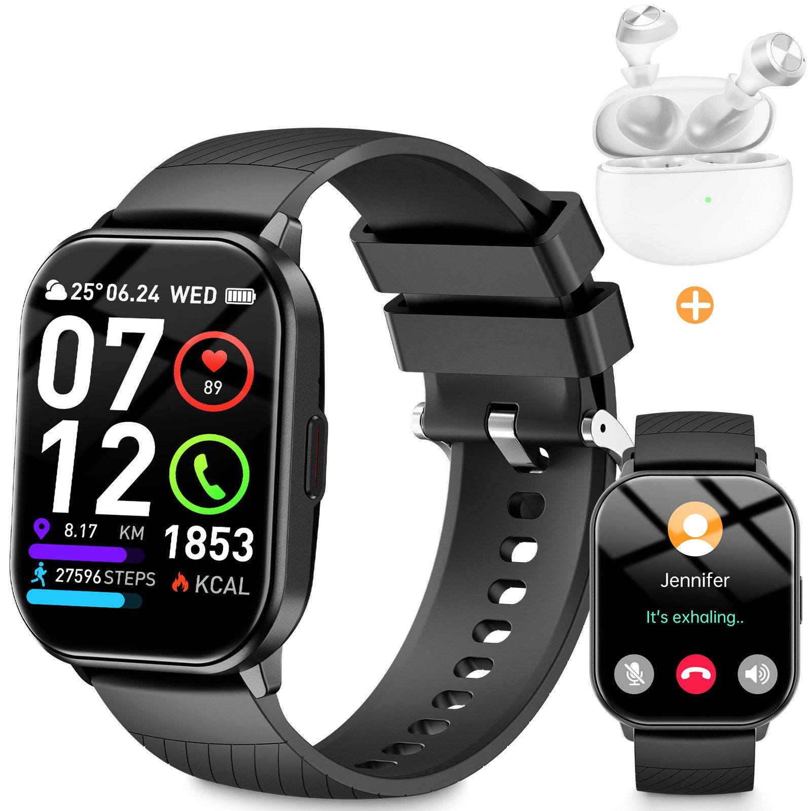 Yuede Smartwatch Damen Herren & Bluetooth 5.3 Наушники, Fitness Tracker Uhr Smartwatch (2.01 cm/2.01 Zoll), Fitness Tracker Armbanduhr mit Schrittzähler, Blutsauerstoff, Blutdruckmessung, Schlafüberwachung, AI Voice und SMS-Benachrichtigung etc, Weihnachtsgeschenk als Fitness-Tracker, Sportuhr & mit Hi-Fi Sound, Bluetooth 5.3 Sportuhr, IP67 wasserdicht, unterstützt 120+ Sportmodi