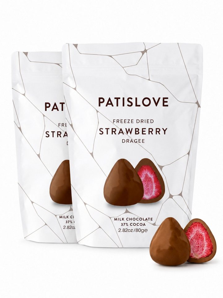PATISLOVE Schokolade Patislove Gefriergetrocknete Erdbeeren in Vollmilchschokolade, 80g, Gefriergetrocknete ganze Früchte, Premium Vollmilchschokolade