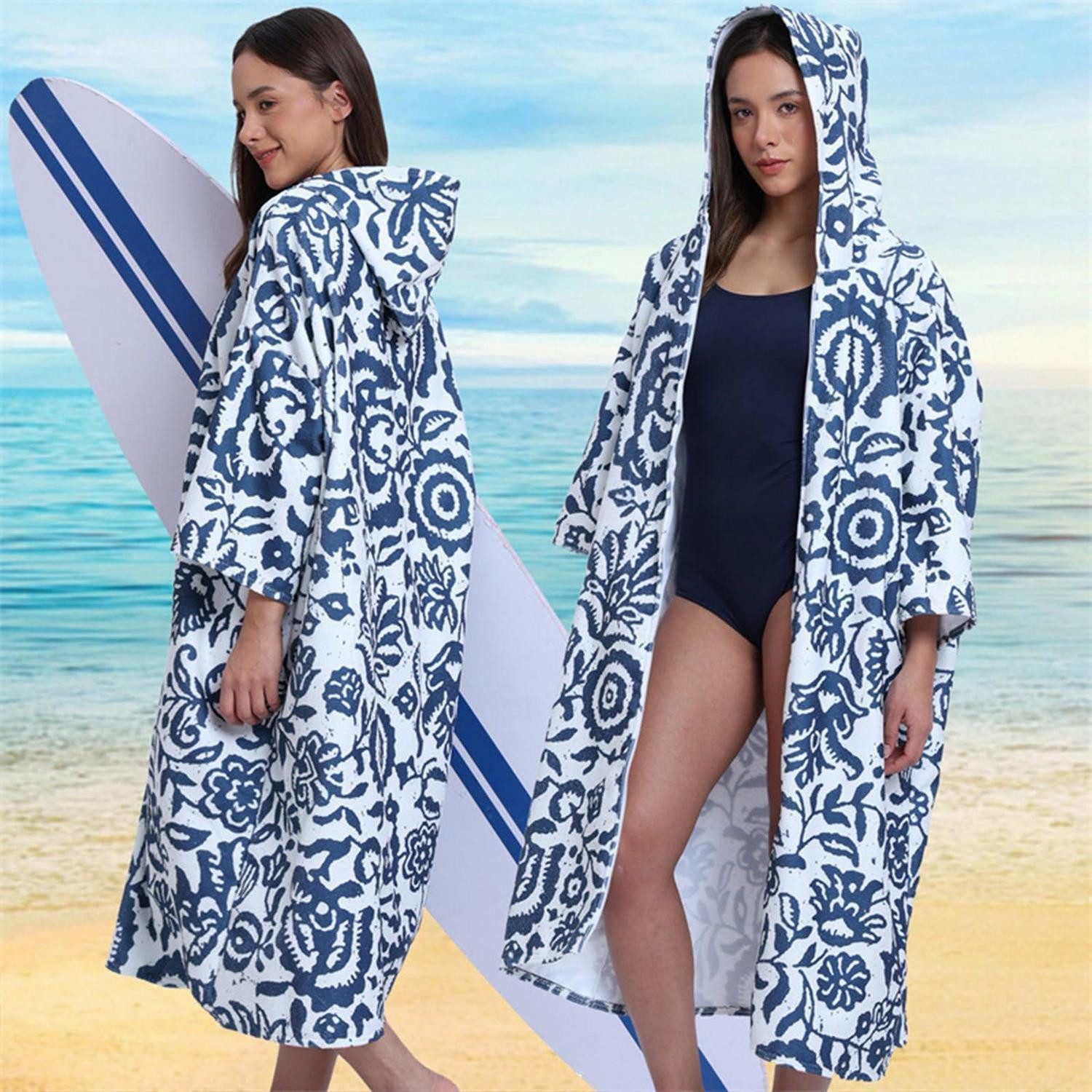 LuxusKollektion Kapuzenhandtuch Surf Poncho Damen Mikrofaser Kapuzenhandtuch mit Reißverschluss, (1-St)