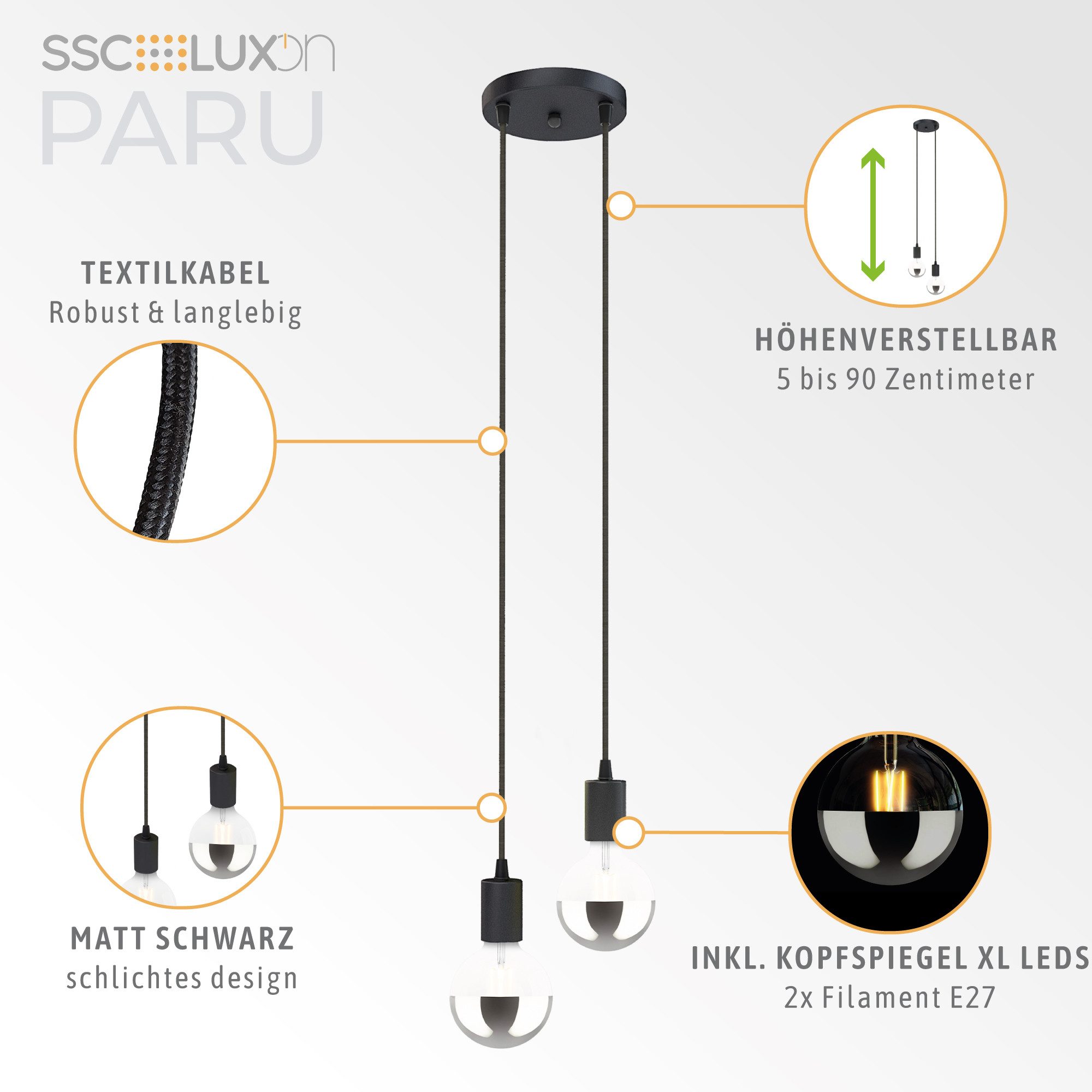 SSC-LUXon LED-Hängeleuchte PARU 2er Pendelleuchte mit E27 Kopfspiegel LED warmweiß 7W, Warmweiß