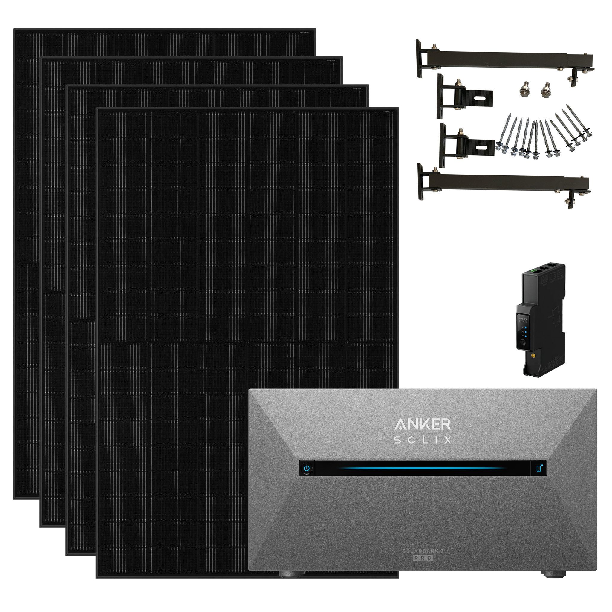 Anker Balkonkraftwerk Solix 1820W Photovoltaikanlage Komplettset mit Solarbank E1600 2 Pro, 1820 W, N typ Glas-Glas, Vollschwarz, (Set, 4-St., 4 Solarmodule+1 Anker Solix 2 Pro+0/1 Smarte Meter +0/1/2 BP1600), integriertem Wechselrichter, Wifi, Bluetooth, IP67