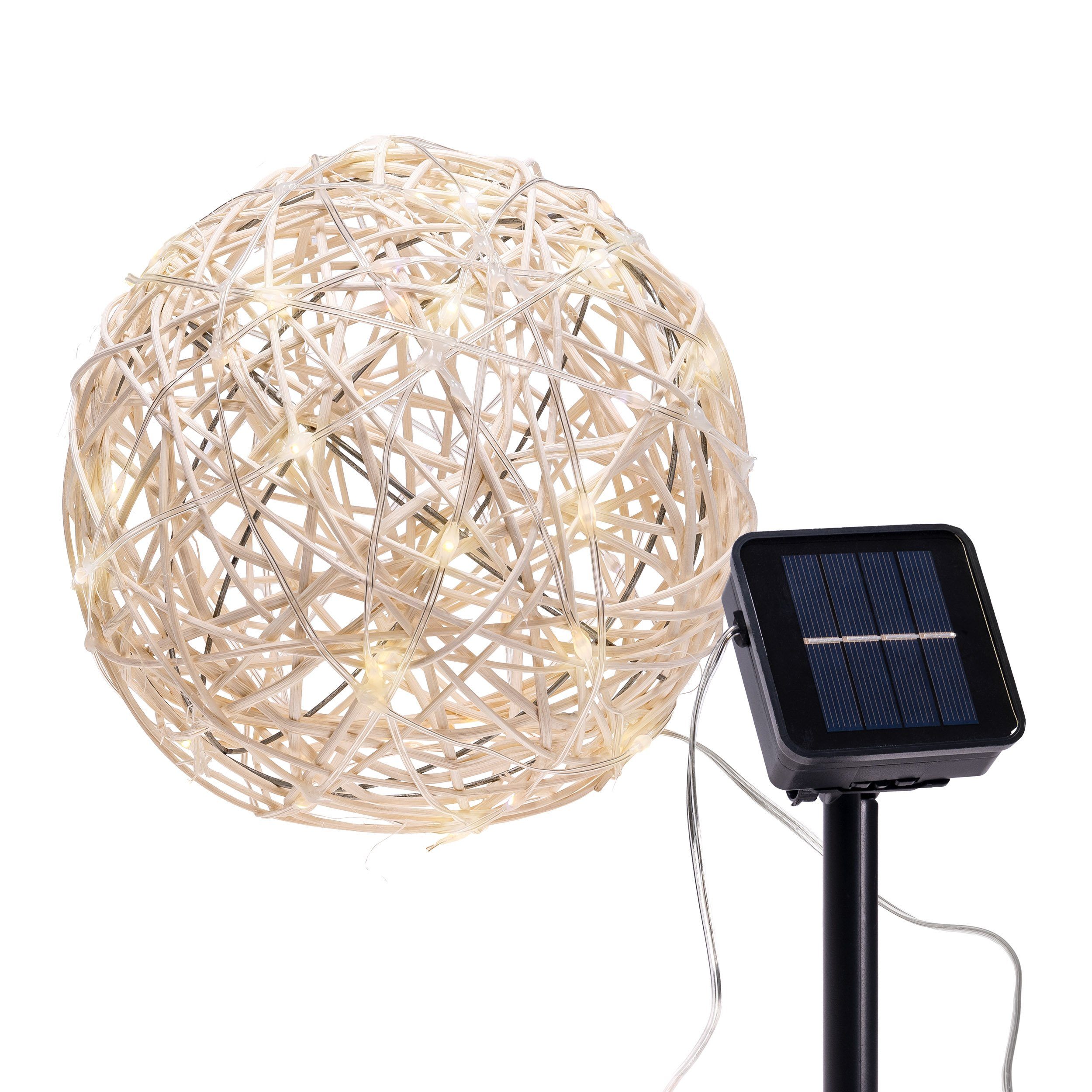 IC Gardenworld Dekokugel Solarkugel mit 50 LED aus Rattan mit bunter & warm-weißer Beleuchtung, ca. Ø 20 cm mit separatem Solarpanel mit Erdspieß