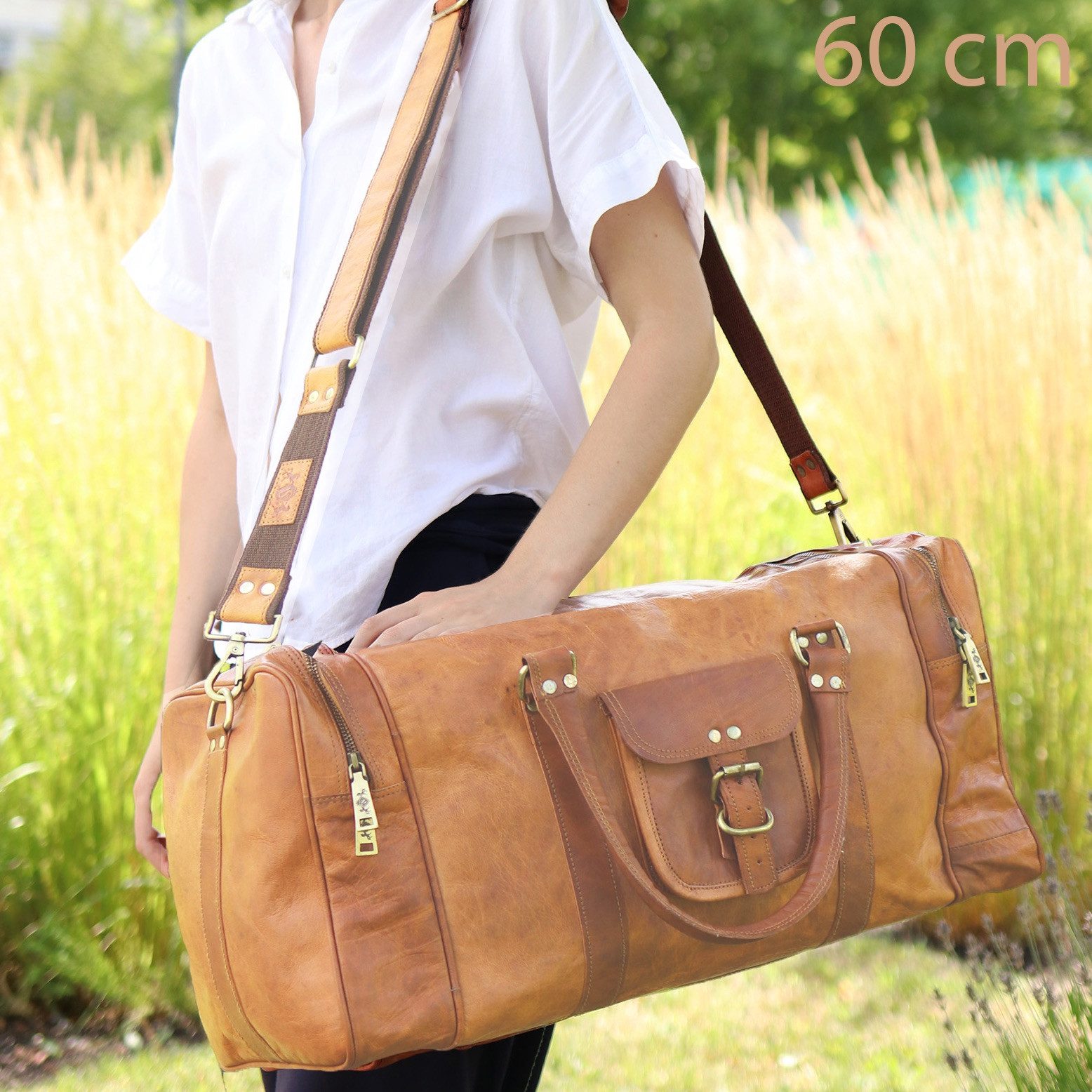 SID & VAIN Reisetasche Weekender aus Leder Unisex LANDON in hellbraun (1x Reisetasche, 1x Schultergurt, 1x Dustbag, 1x Adressanhänger), Hochwertige Reisetasche Ziegenleder 50 cm in hellbraun